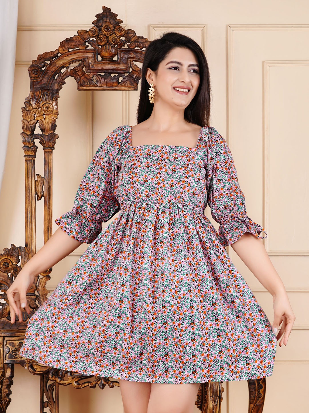 

women MANOJAVA Floral Print Flared Sleeve Layered Fit & Flare Dress, Orange