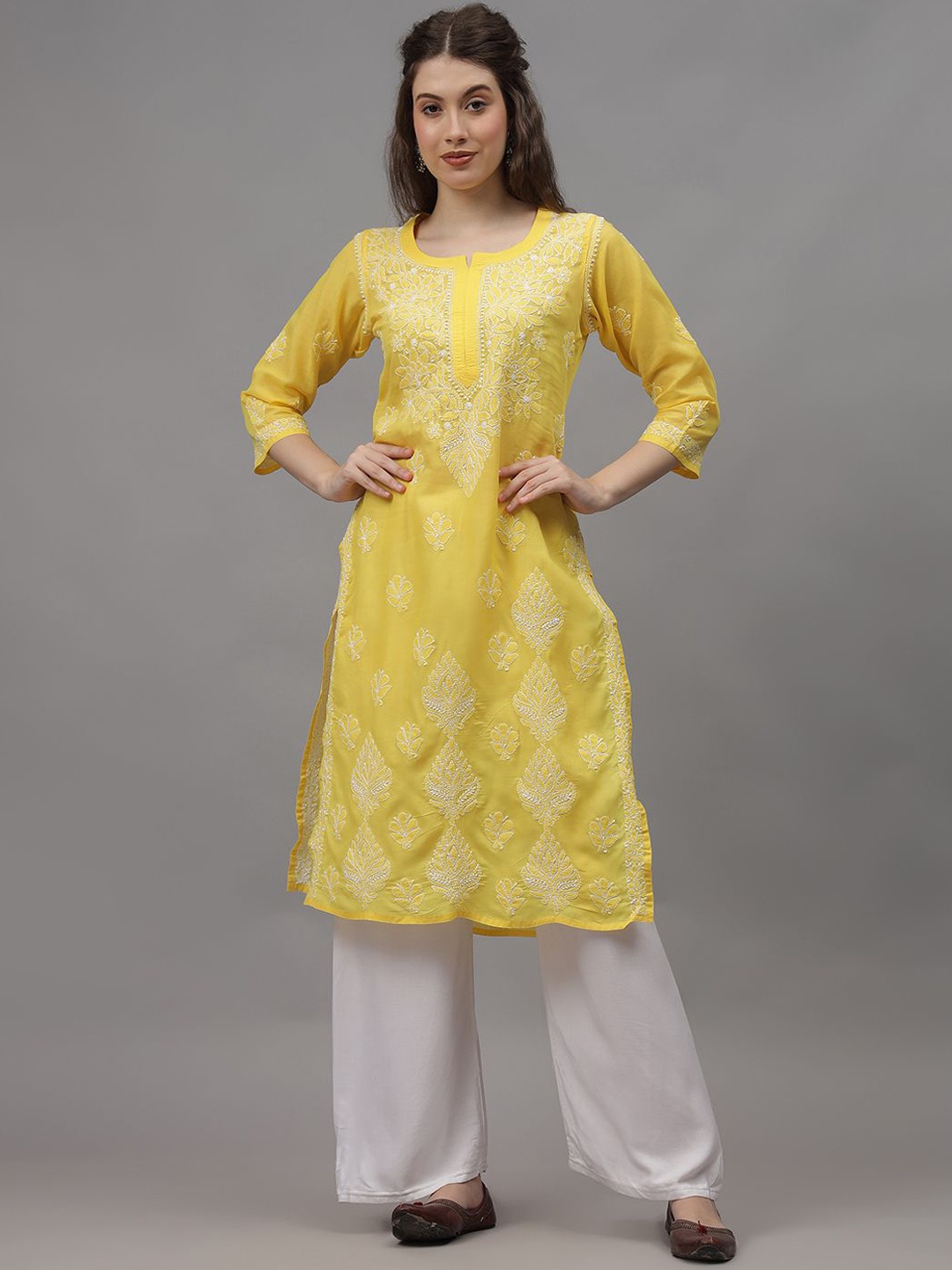 

Seva Chikan Ethnic Motifs Embroidered Chikankari Straight Kurta, Yellow