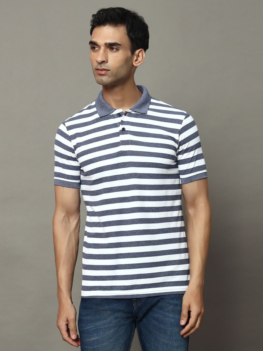

OGEN Men Striped Polo Collar Pockets T-shirt, Blue