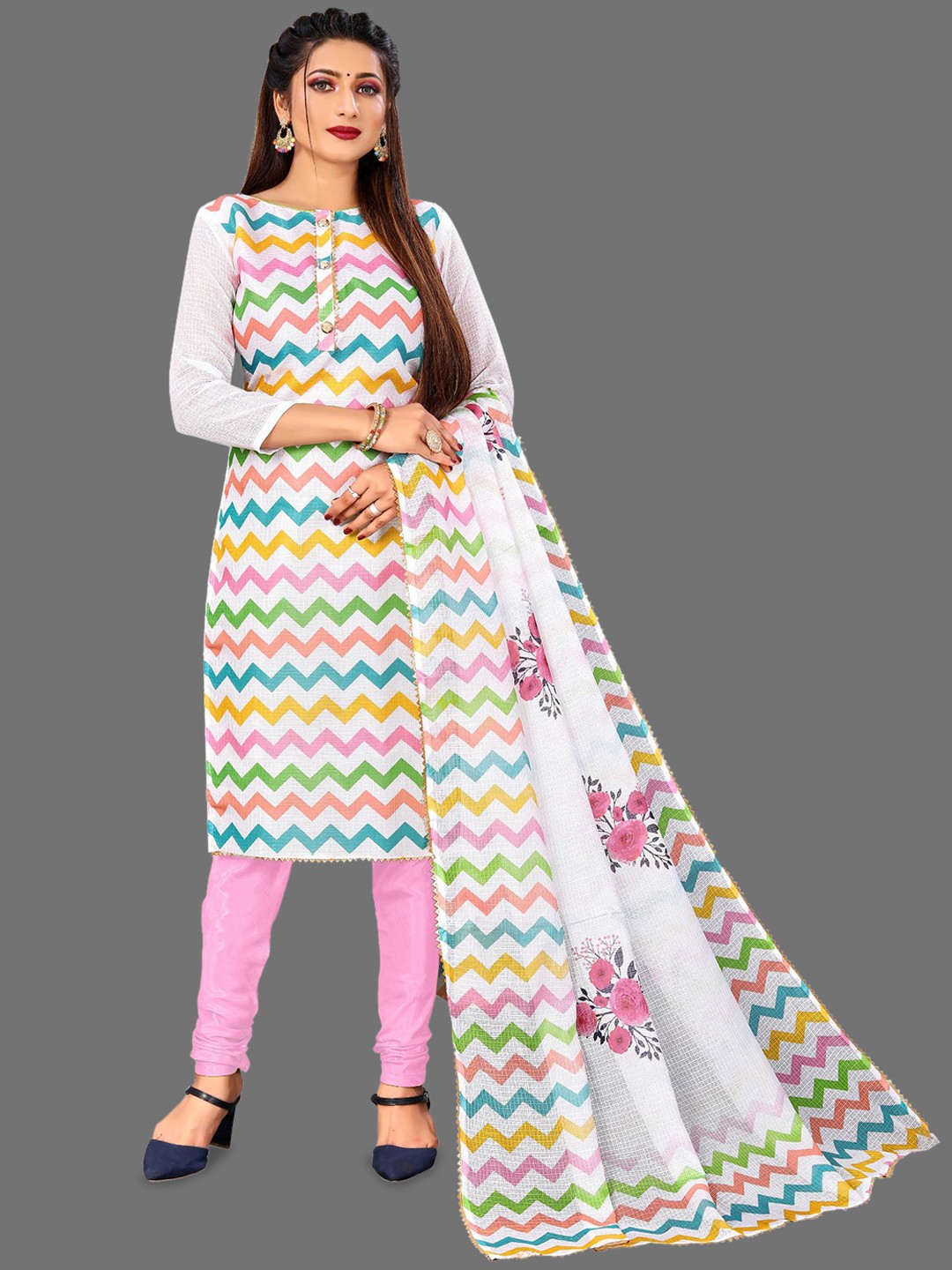 

Aika Geometric Embroidered Pure Cotton Unstitched Dress Material, White