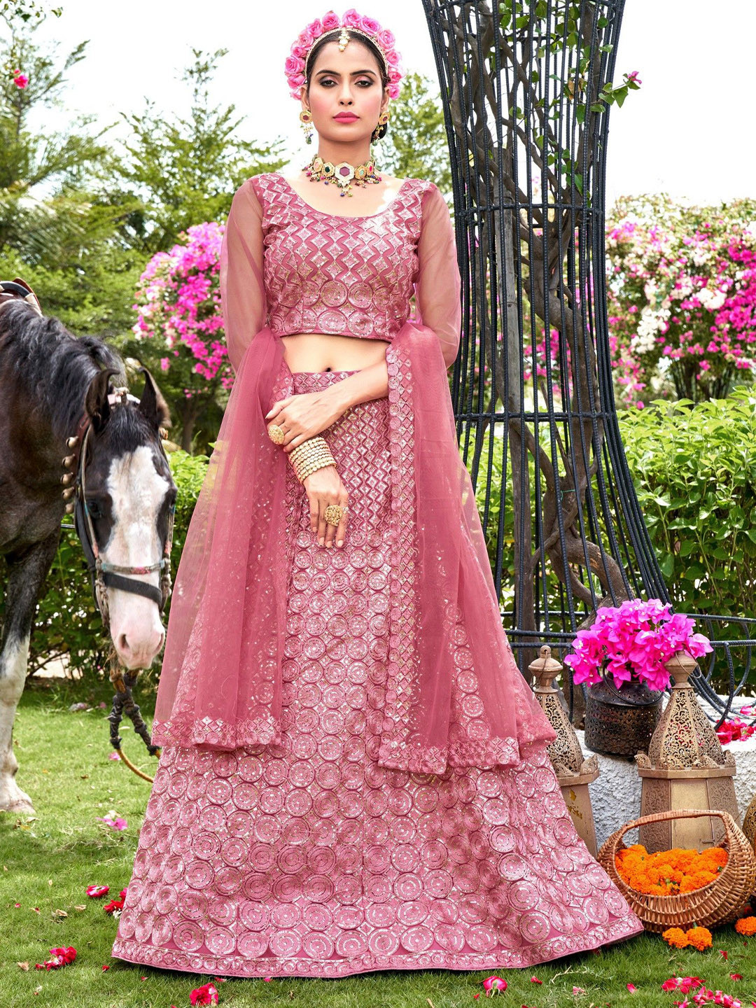 

VARNI FABRICS Embroidered Semi-Stitched Lehenga & Unstitched Blouse With Dupatta, Pink