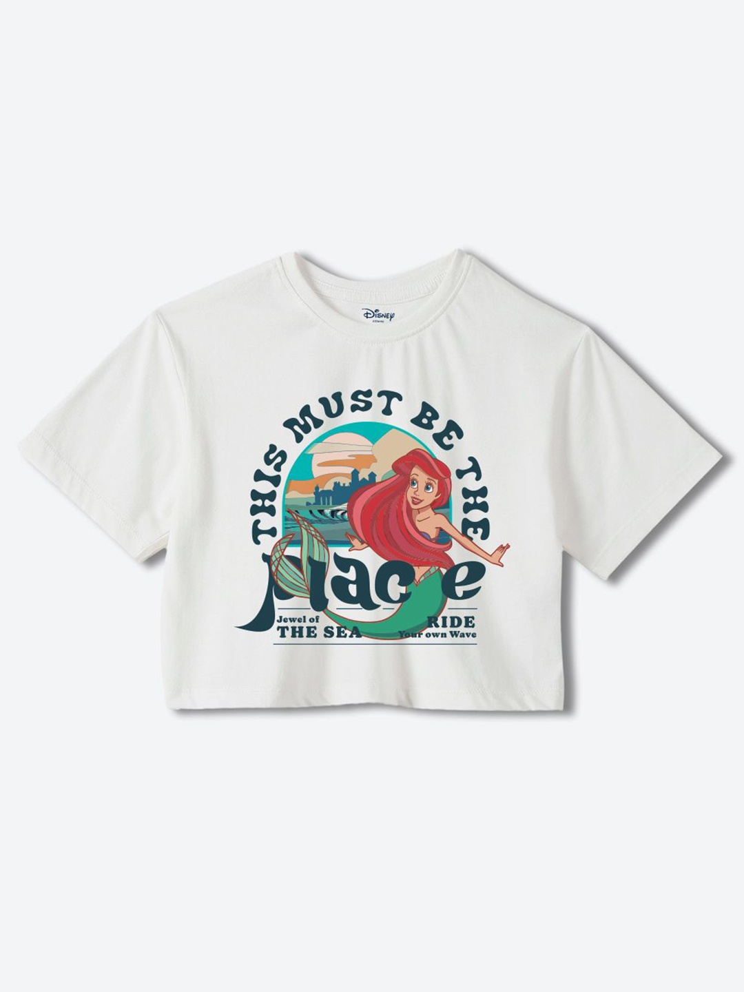 

YK Disney Girls Printed Pure Cotton Applique Boxy T-shirt, White