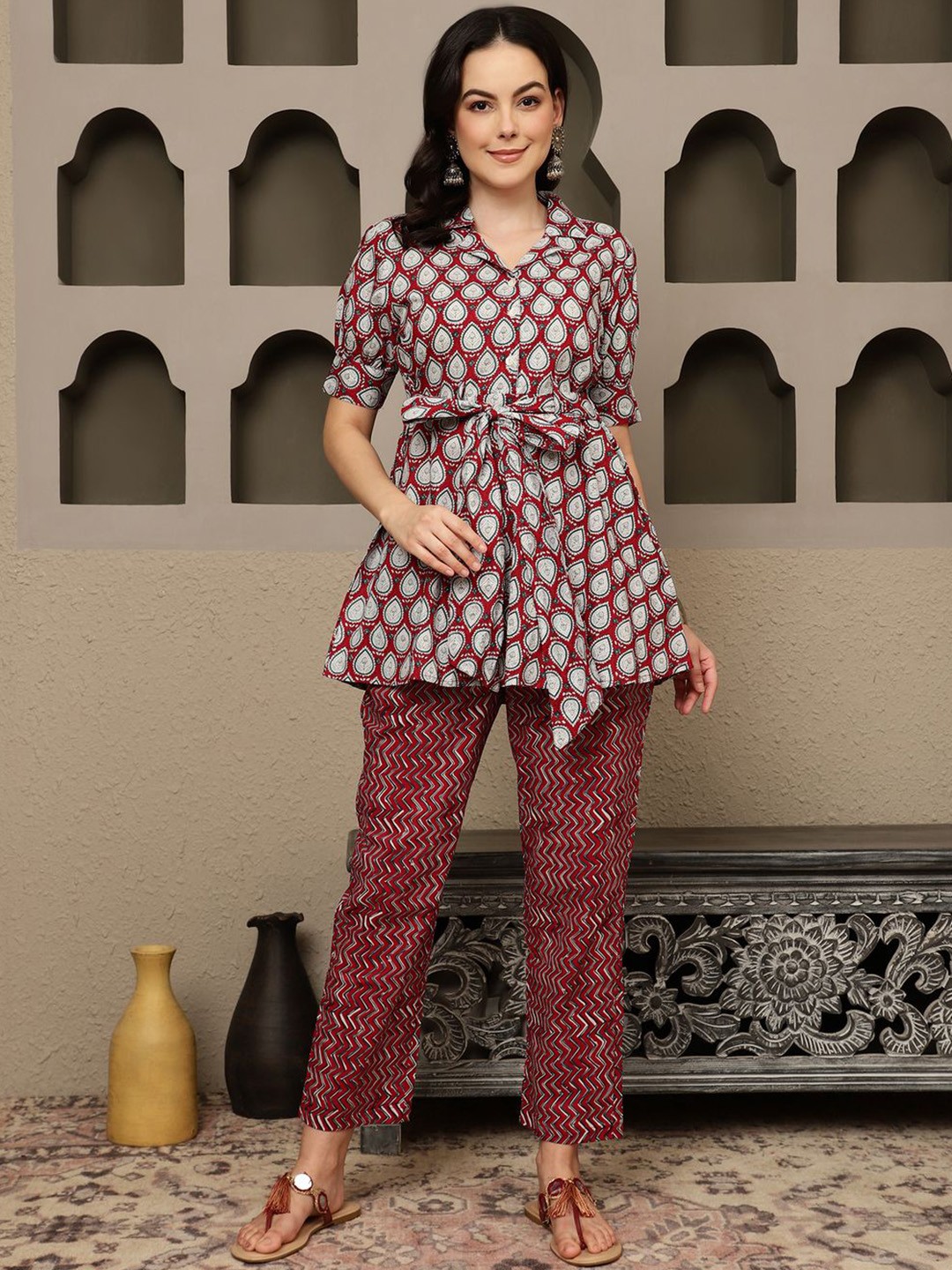 

Sangria Printed Pure Cotton Tunic & Trouser Co-Ords, Red