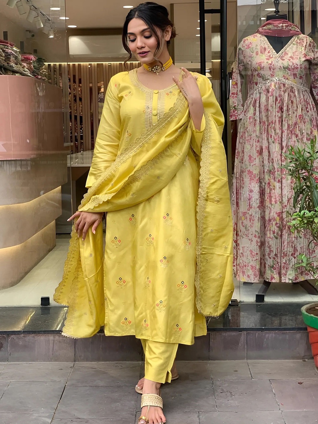 

KALINI Floral Embroidered Sequinned Straight Kurta With Trousers & Dupatta, Yellow