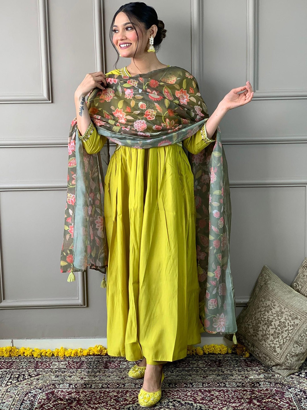 

THE52 Floral Embroidered Straight Kurta with Trousers & With Dupatta, Yellow