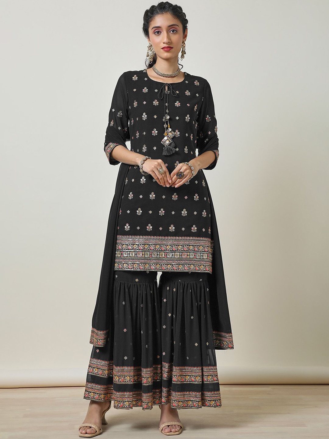 

Soch Floral Embroidered Sequinned Georgette Straight Kurti With Sharara & Dupatta, Black