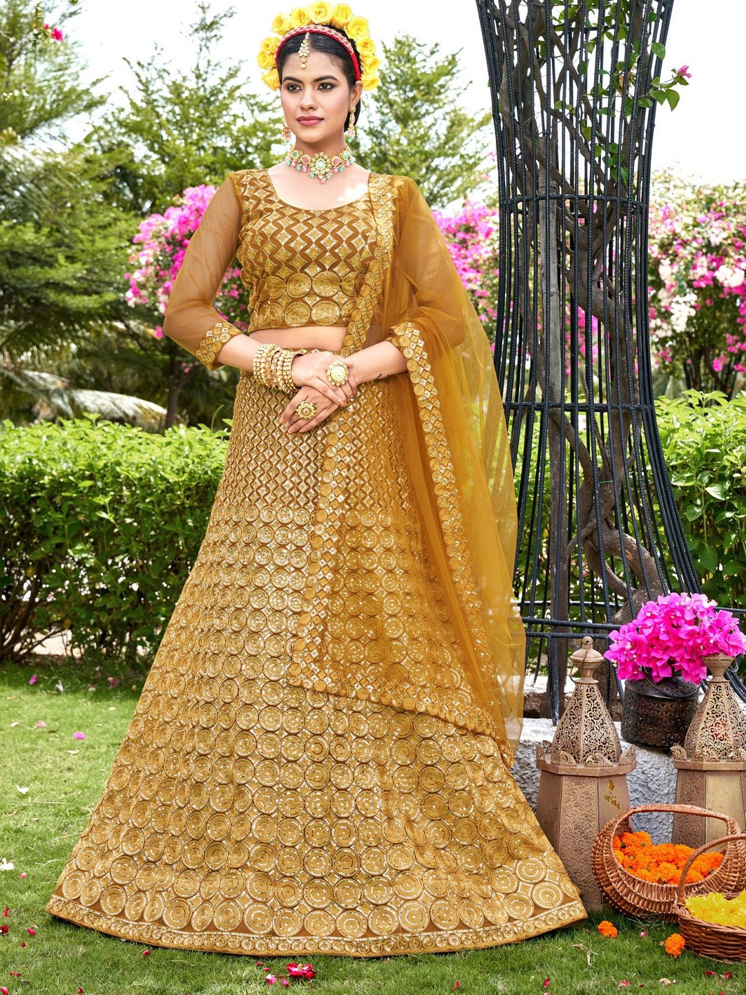 

VARNI FABRICS Embroidered Semi-Stitched Lehenga & Unstitched Blouse With Dupatta, Mustard