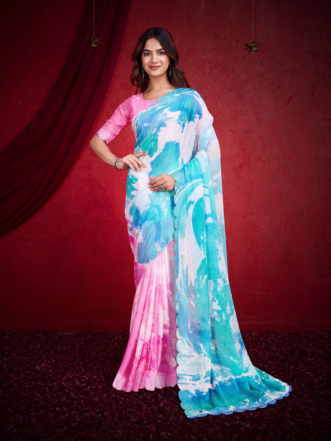 

Mitera Tie and Dye Poly Chiffon Saree, Blue