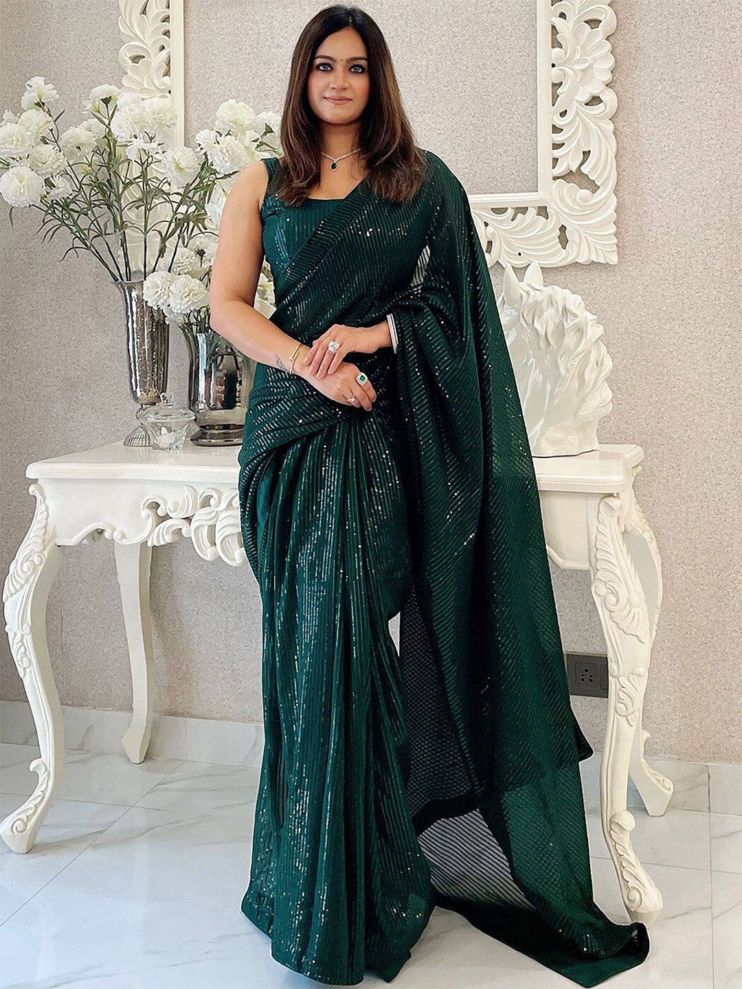 

Anouk Striped Sequinned Saree, Green