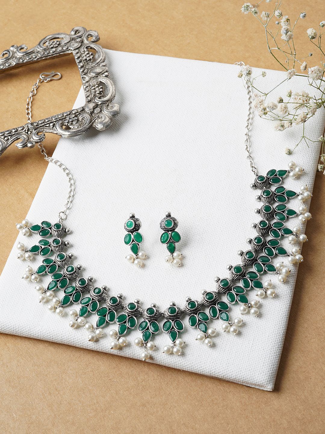 

TEEJH Stone Studded & Beaded Oxidised Jewellery Set, Silver