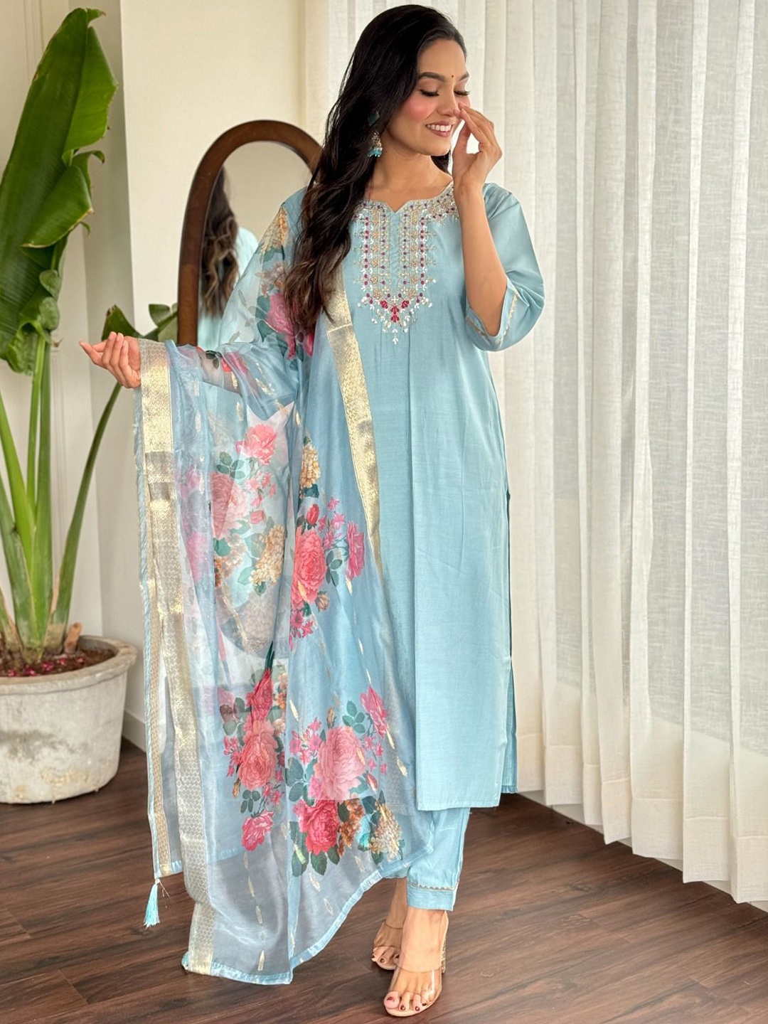 

KALINI Floral Yoke Design Thread Work Chanderi Silk Kurta with Trousers & Dupatta, Blue