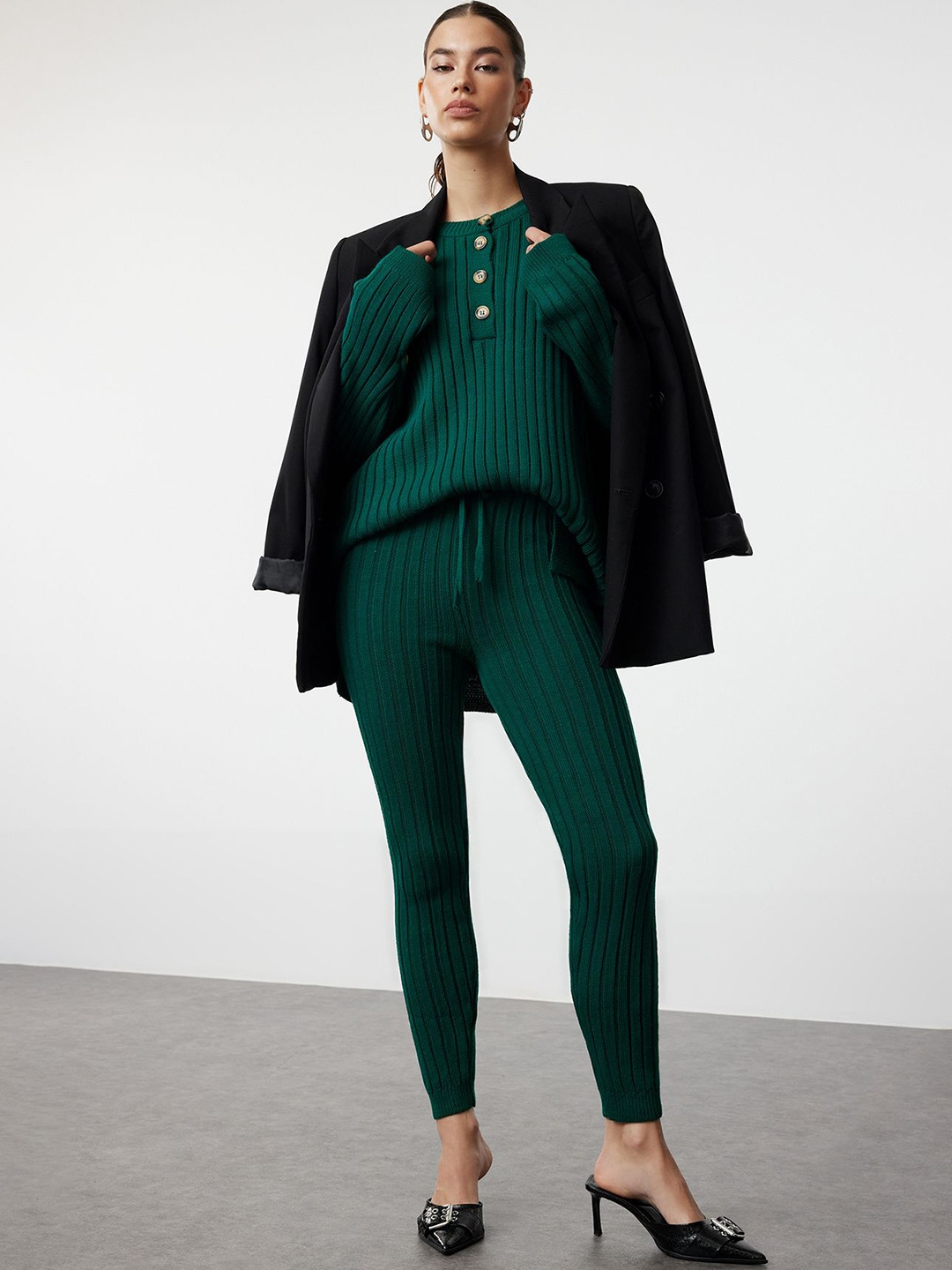 

Trendyol Striped Round Neck Top & Trouser, Green