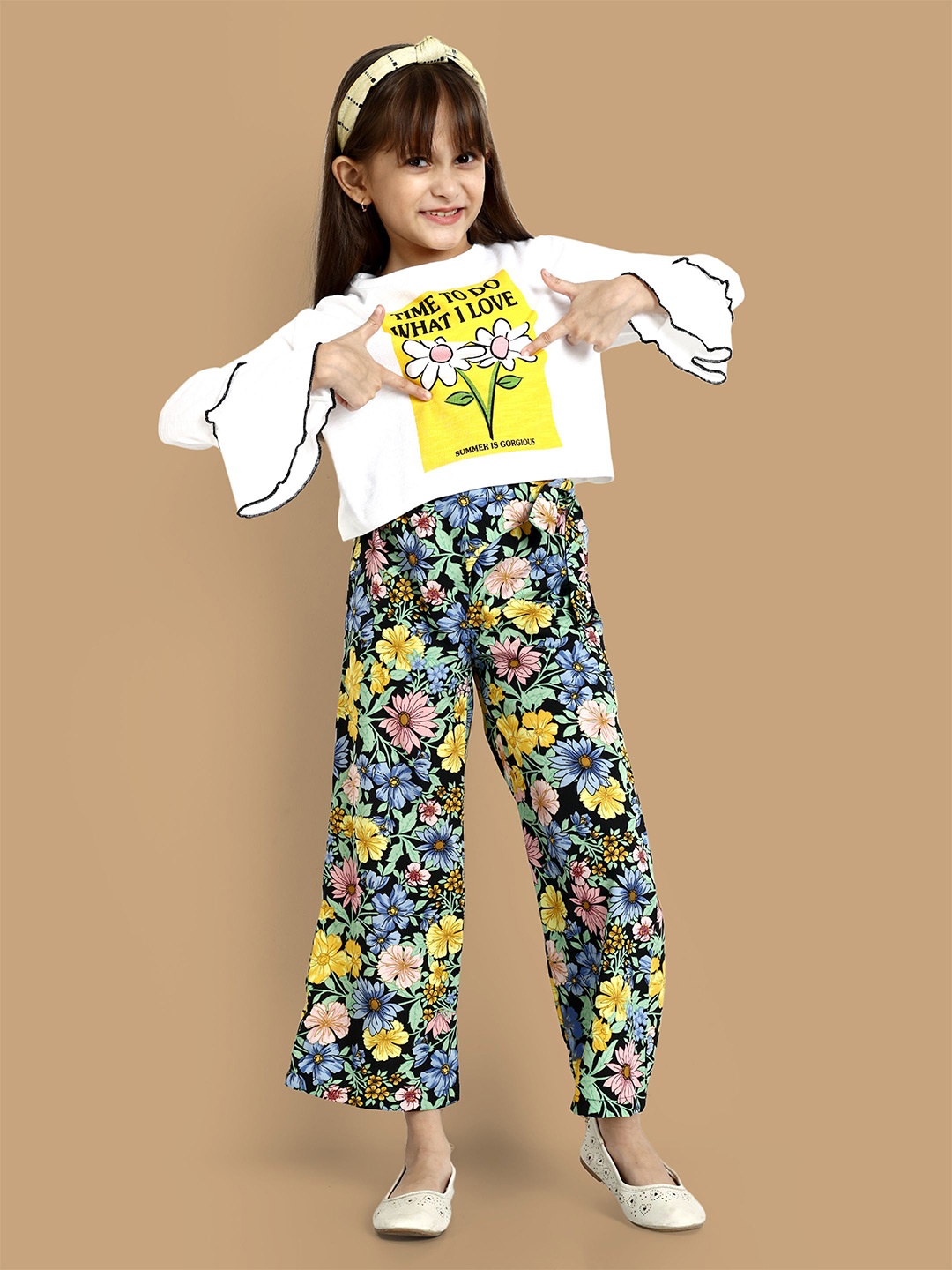 

YK Girls Printed Top with Trousers, White