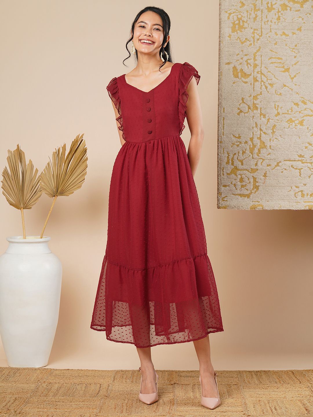 

CARTYSHOP Flutter Sleeve Fit & Flare Midi Dress, Maroon