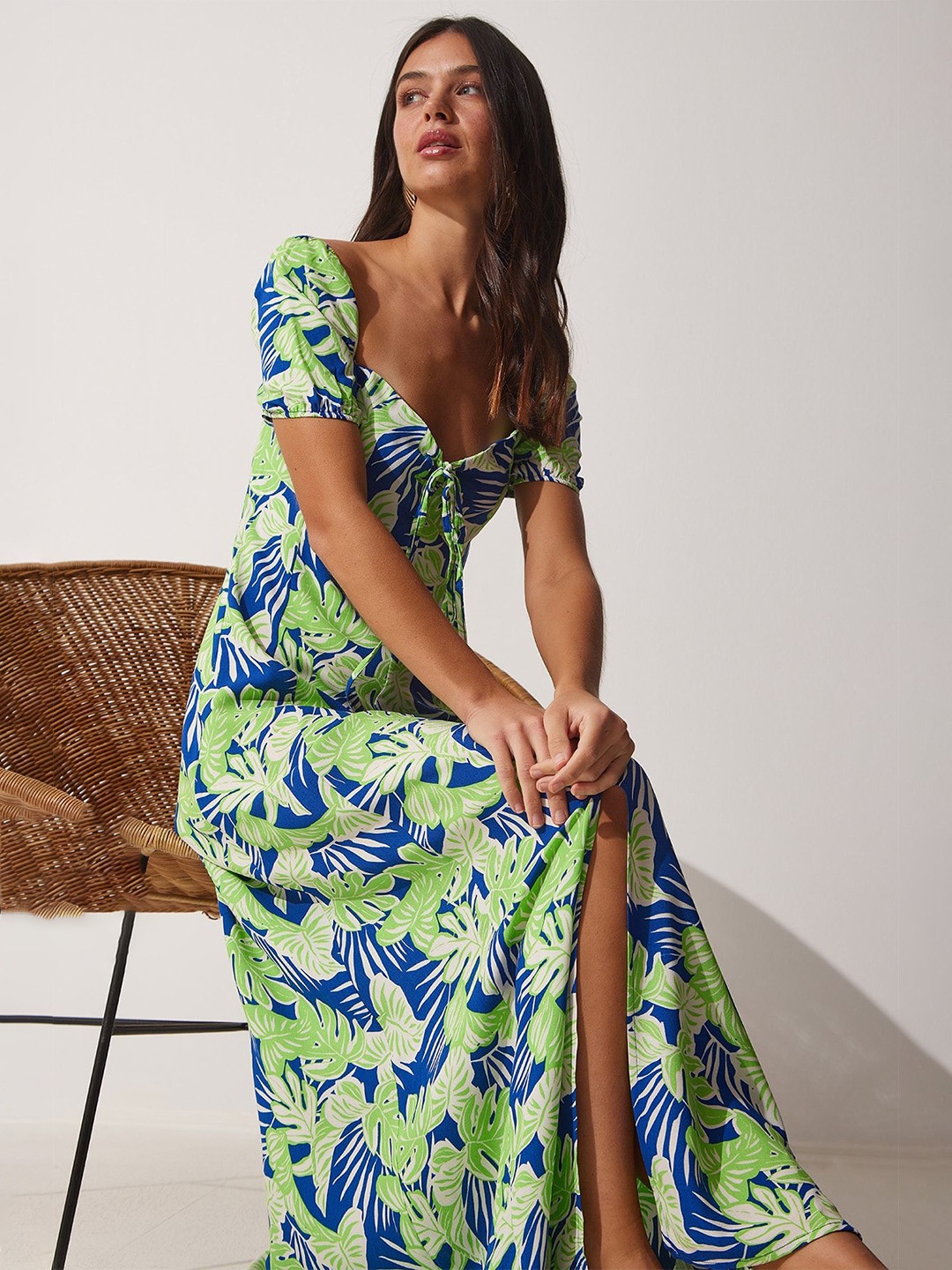 

Happiness istanbul Tropical Printed Puff Sleeve Maxi Dress, Blue