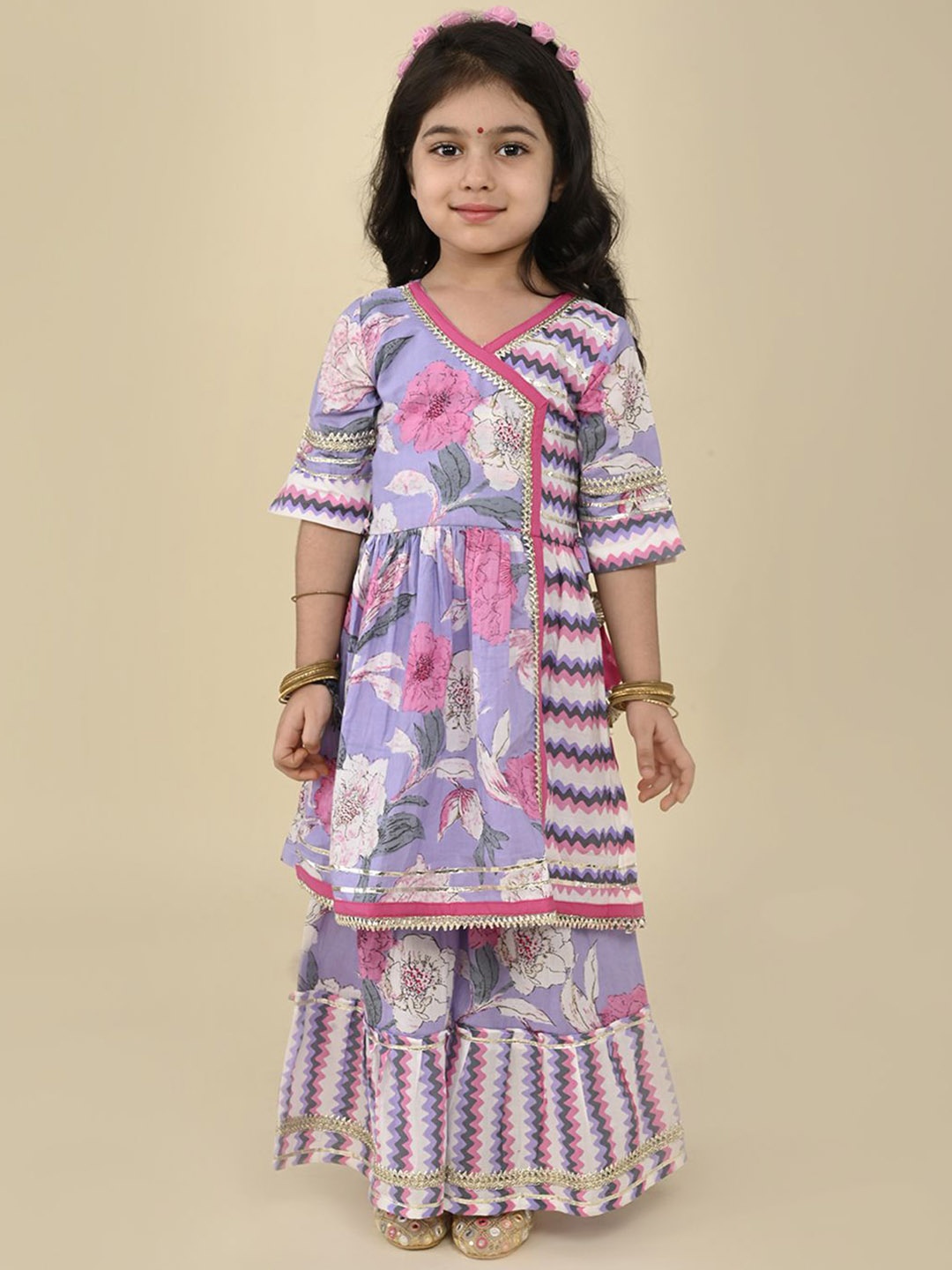 

LIL PITAARA Girls Floral Printed Angrakha Gotta Patti Pure Cotton Kurta Wwith Sharara, Purple