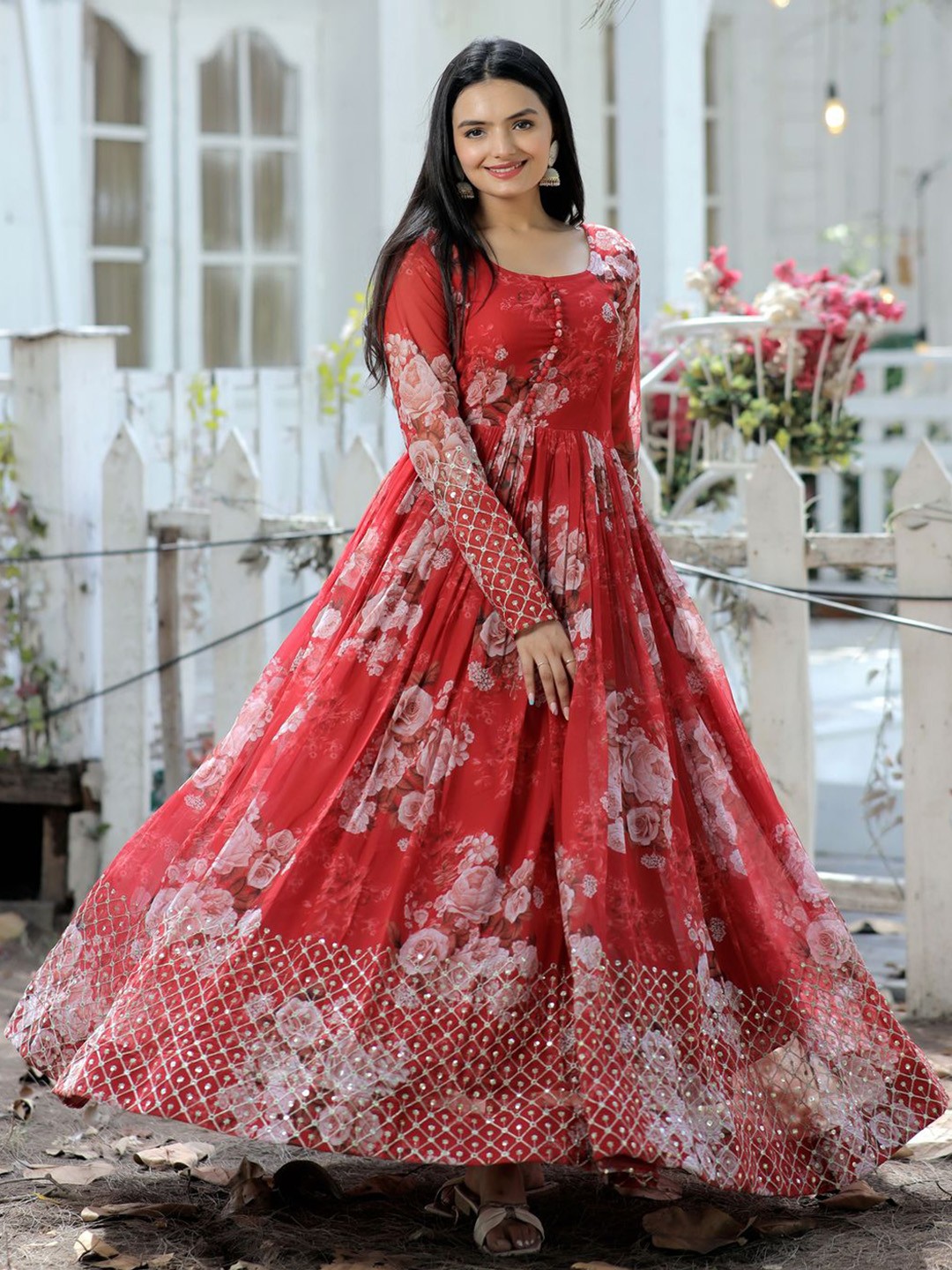 

Fashionuma Floral Printed Round Neck Sequined Embroidery Gowns, Red