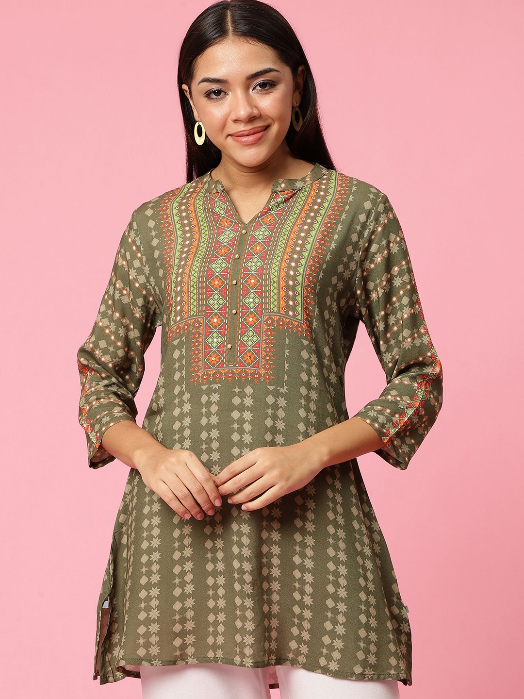 

Shree Liva Mandarin Collar Printed Tunic, Olive