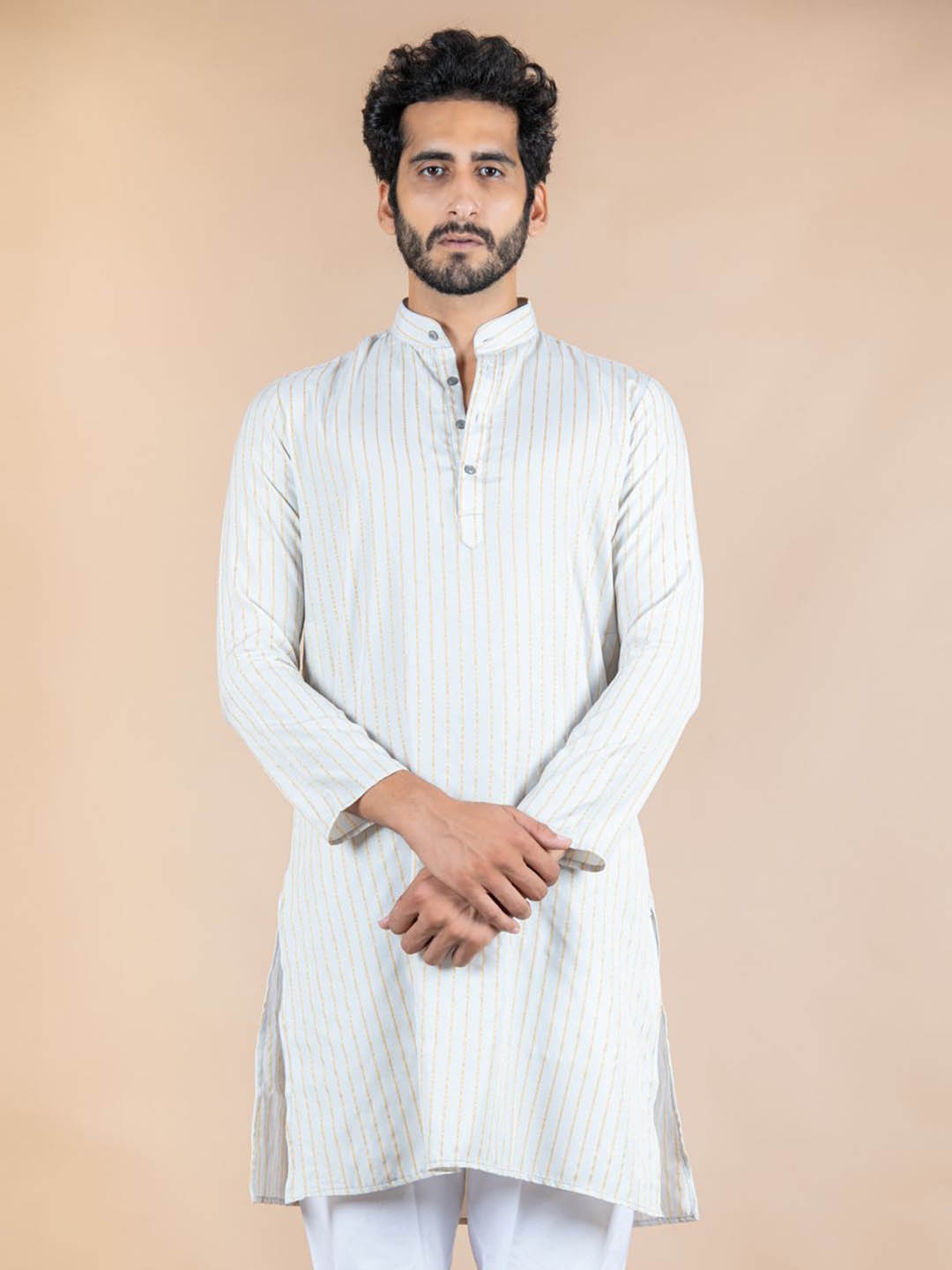 

Tistabene Stripes Mandarin Collar Cotton Silk Kurta, Grey