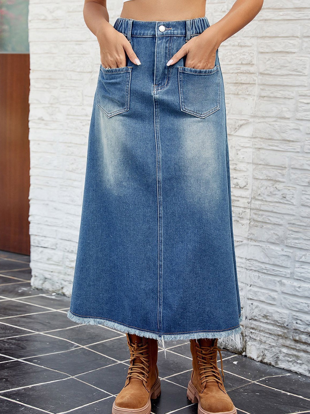 

StyleCast Washed Denim A-Line Midi Skirt, Blue