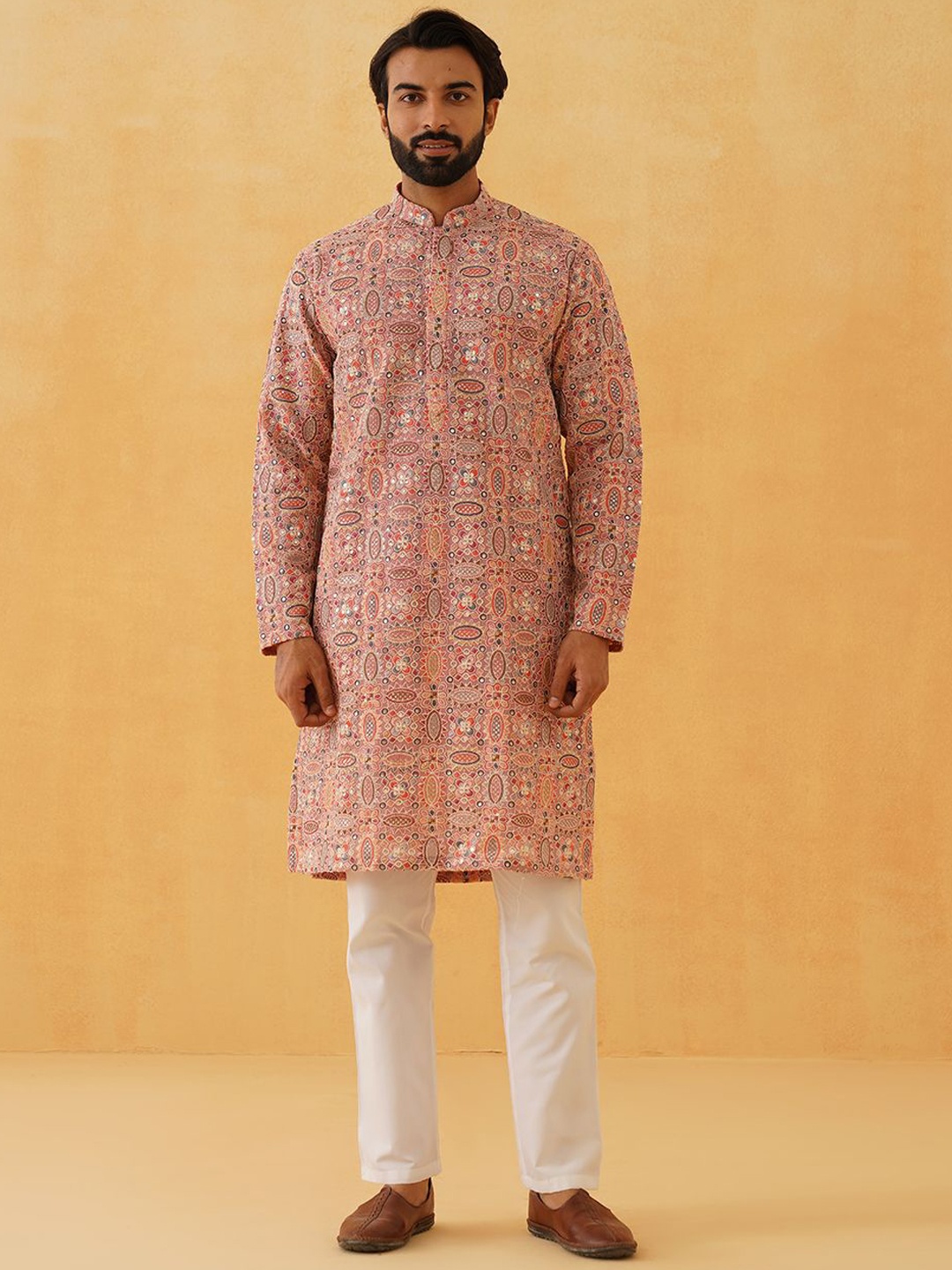 

SOJANYA LUXE Men Embroidered Thread Work Georgette Kurta, Peach