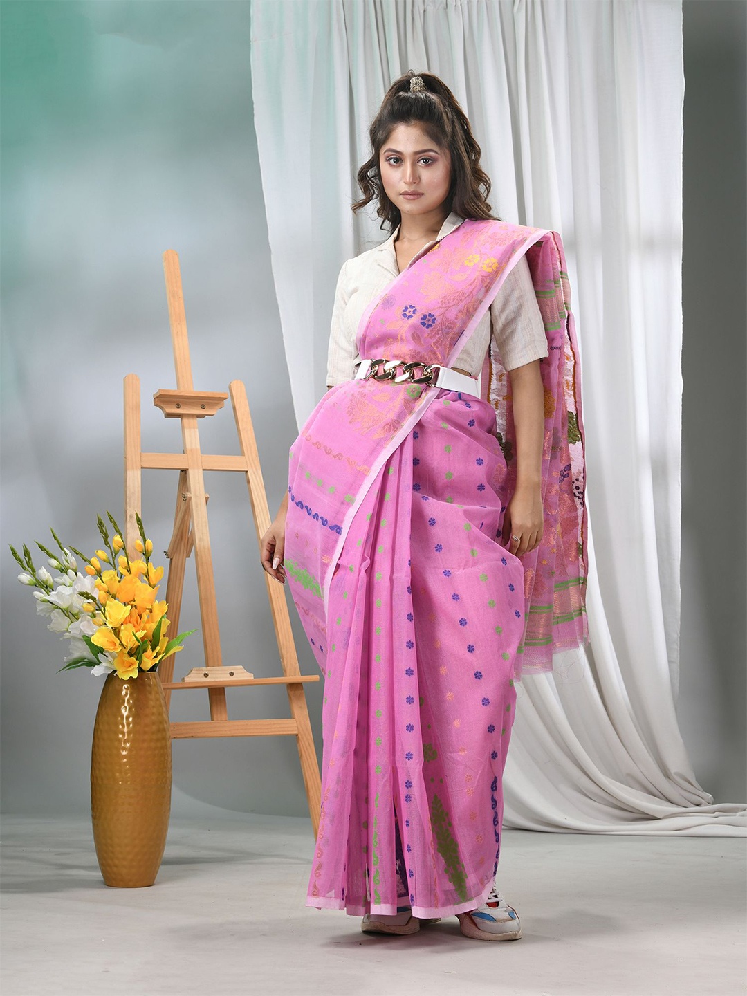 

TANTLOOM Woven Design Jamdani Saree, Pink