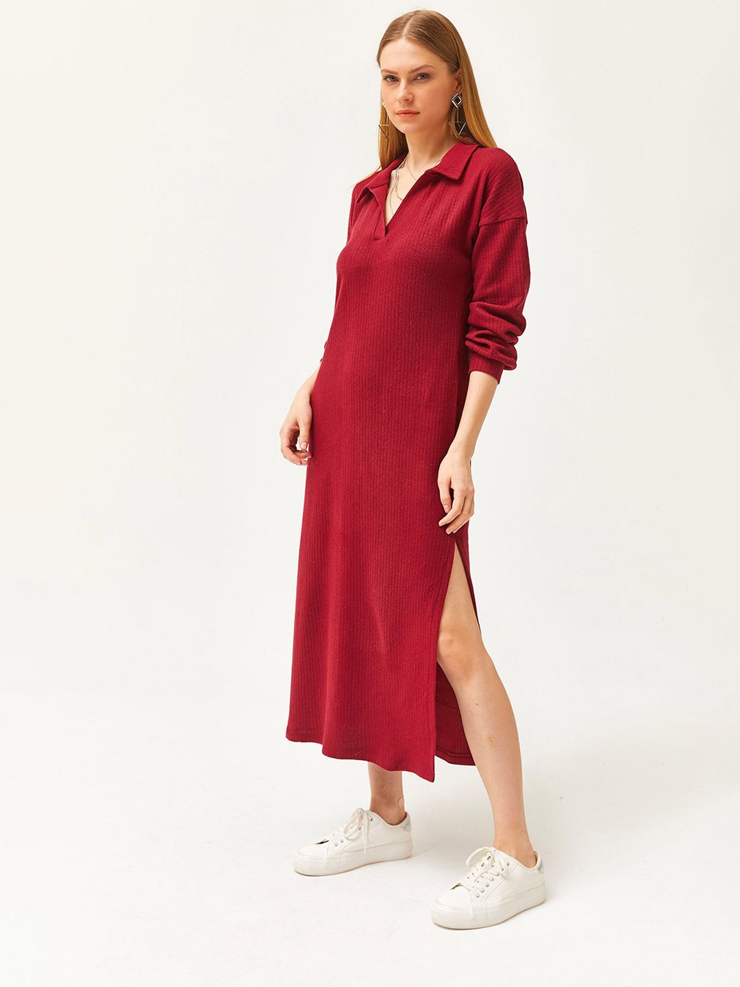 

Olalook A-Line Cotton Shirt Collar Midi Dress, Red