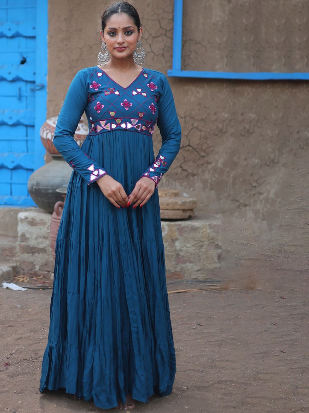

KALINI Embroidered Mirror Work Ethnic Dress, Blue