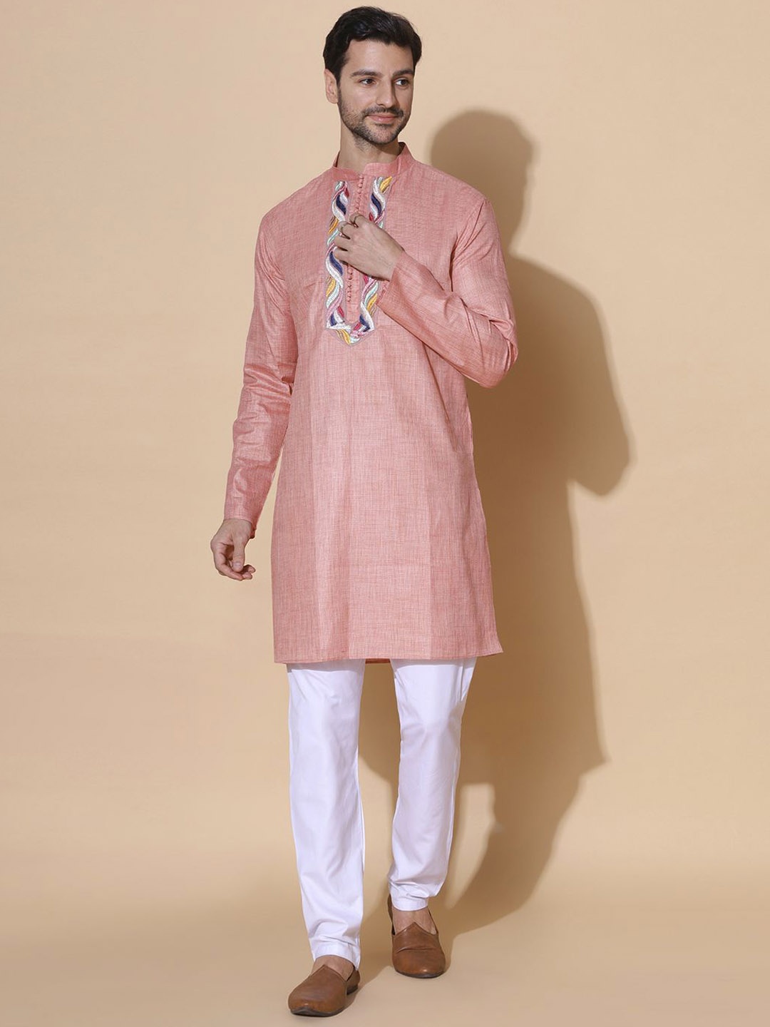 

MOSHI Floral Embroidered Mandarin Collar Cotton Silk Straight Kurta, Pink