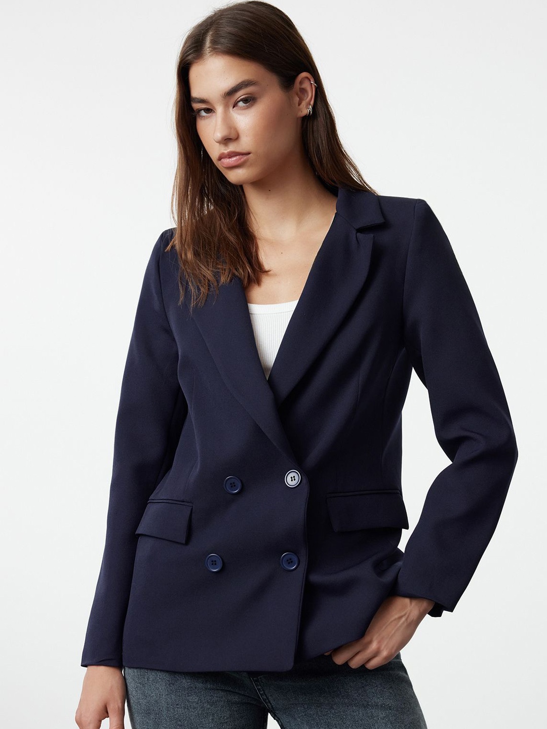 

Trendyol Notched Lapel Collar Double-Breasted Casual Blazer, Navy blue