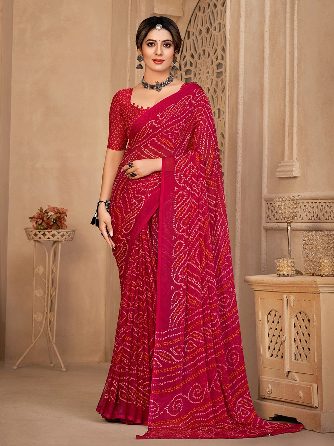 

Panzora Bandhani Poly Chiffon Saree, Pink