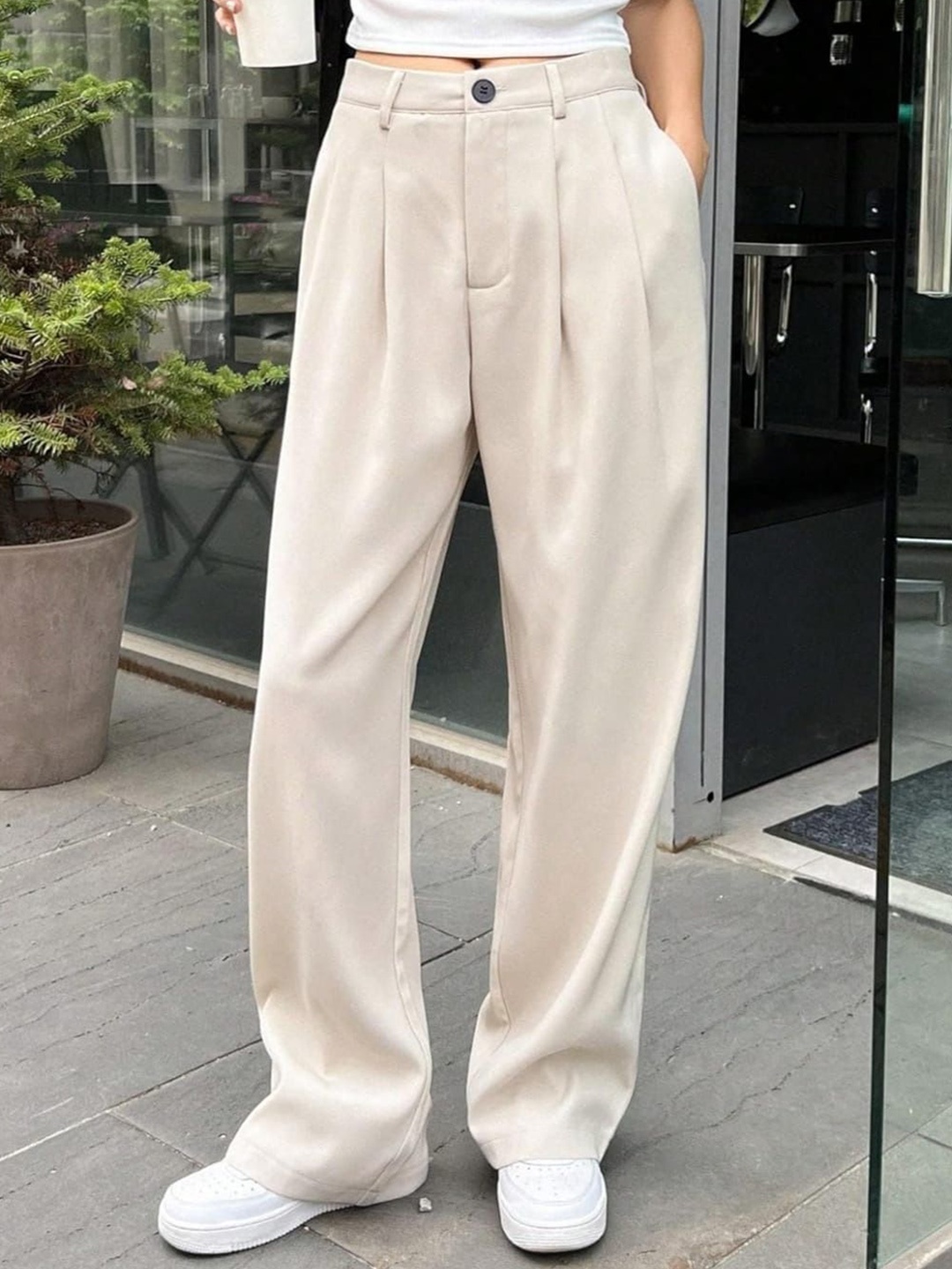 

Next One Women High-Rise Pleated Korean Trousers, Beige