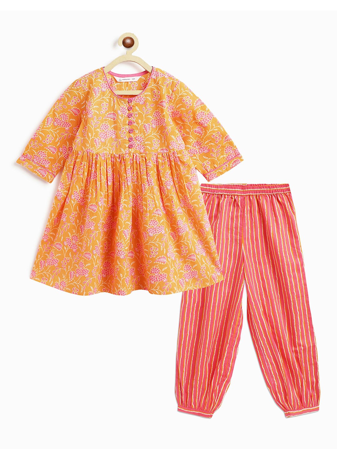 

Campana Girls Floral Printed Pleated Pure Cotton Kurti with Salwar, Orange