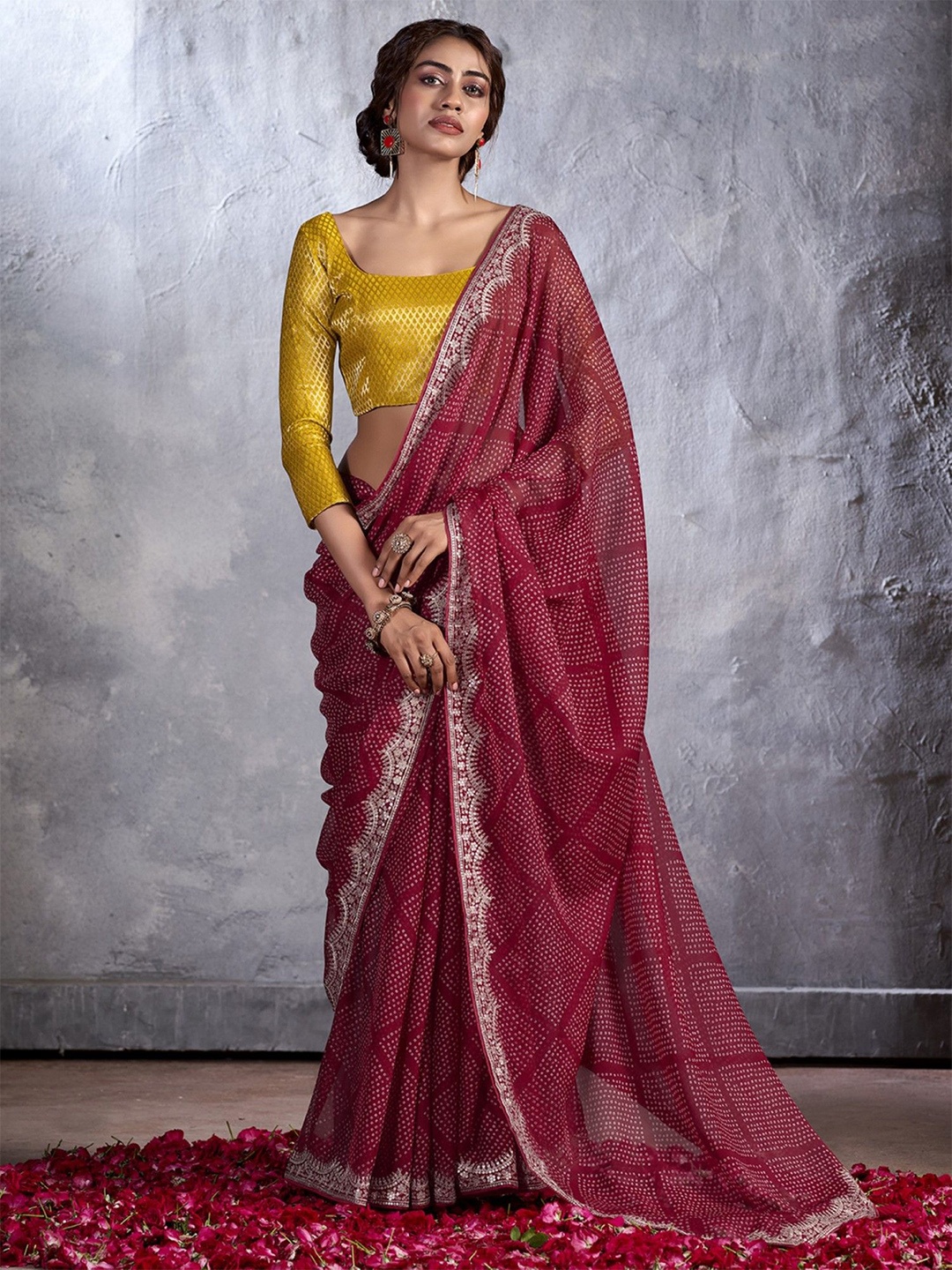 

KALINI Bandhani Sequinned Poly Chiffon Saree, Maroon