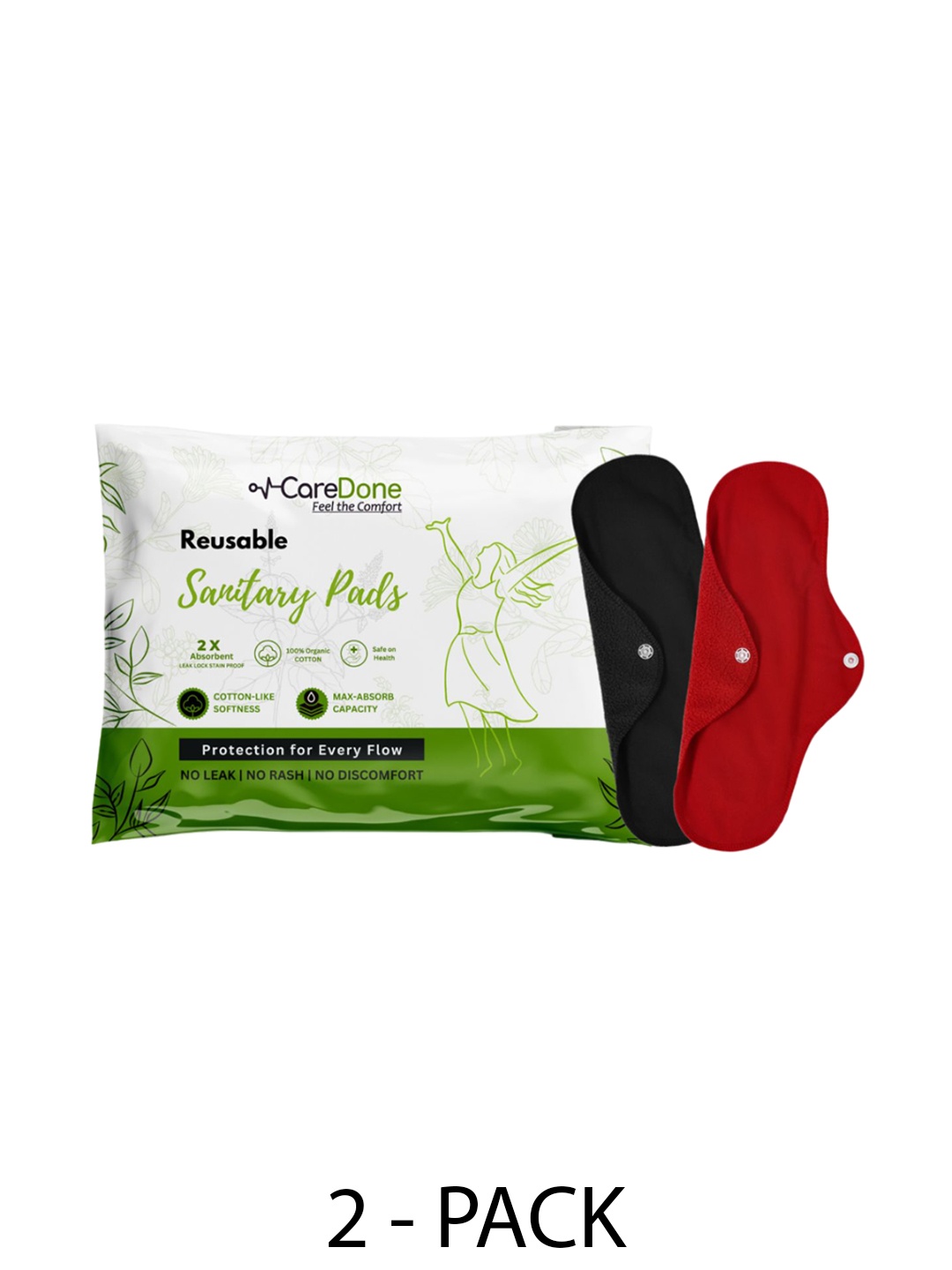 

CareDone Set Of 2 Reusable 100% Organic Cotton Sanitary Cloth Pads - XL, Red