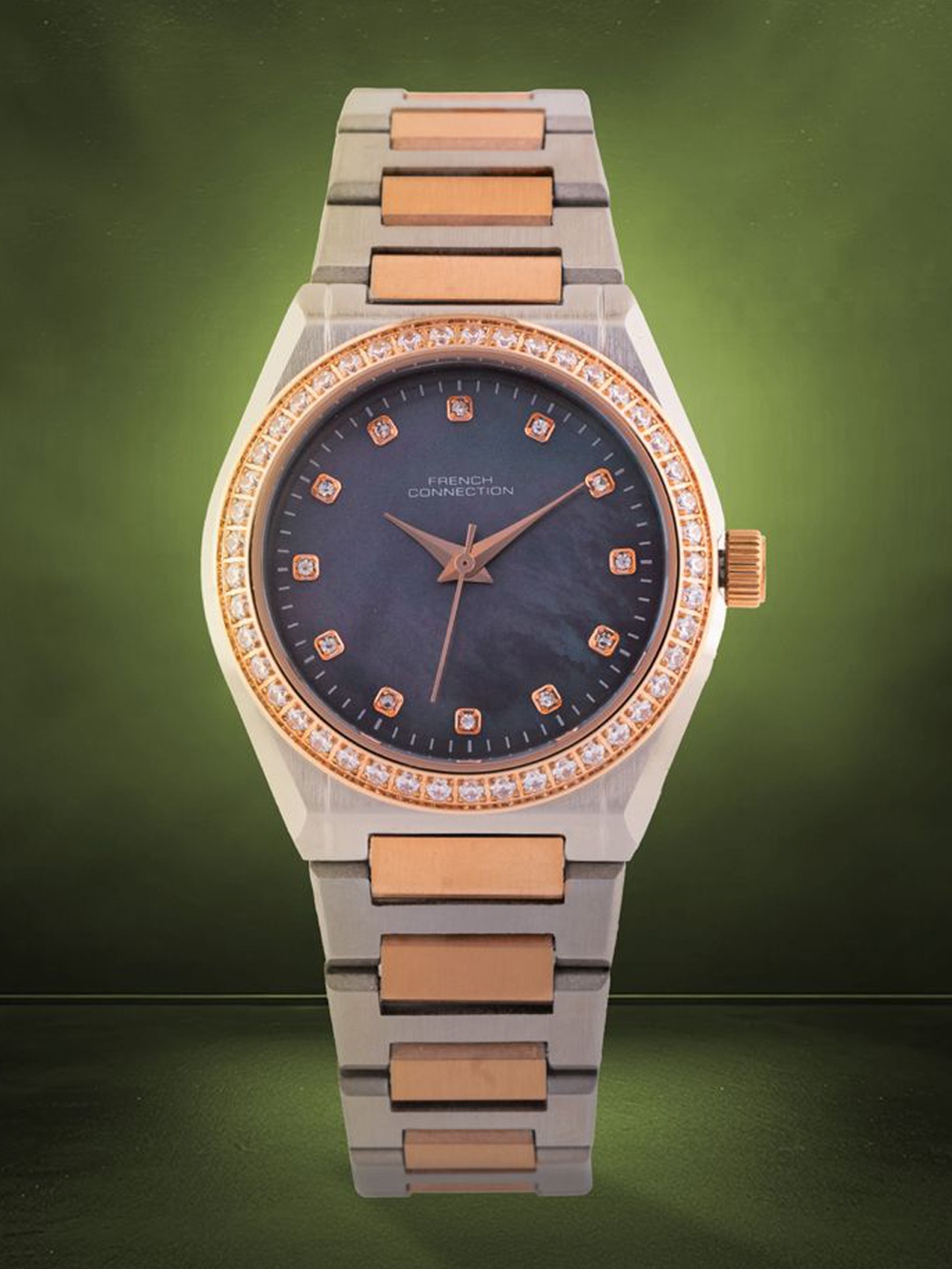 

French Connection Women Embellished Dial & Stainless Steel Bracelet Style Straps Analogue Watch FCH10RGM, Grey