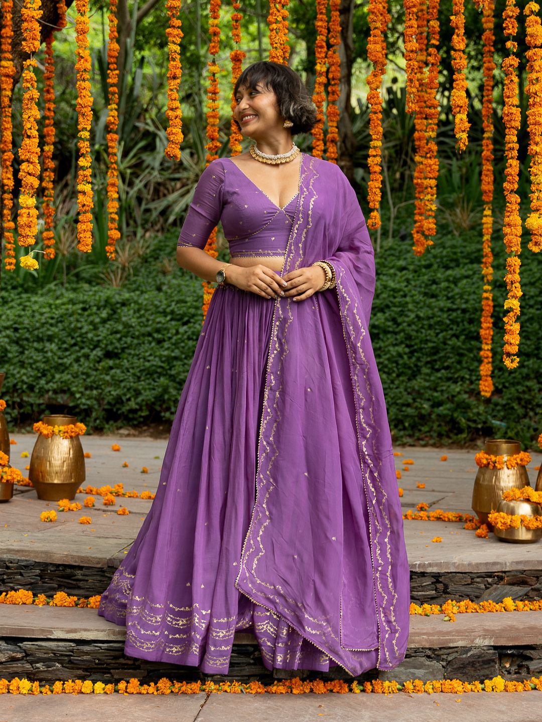 

Suta Printed Gotta Patti Pure Cotton Semi-Stitched Lehenga & Unstitched Choli With Dupatta, Purple