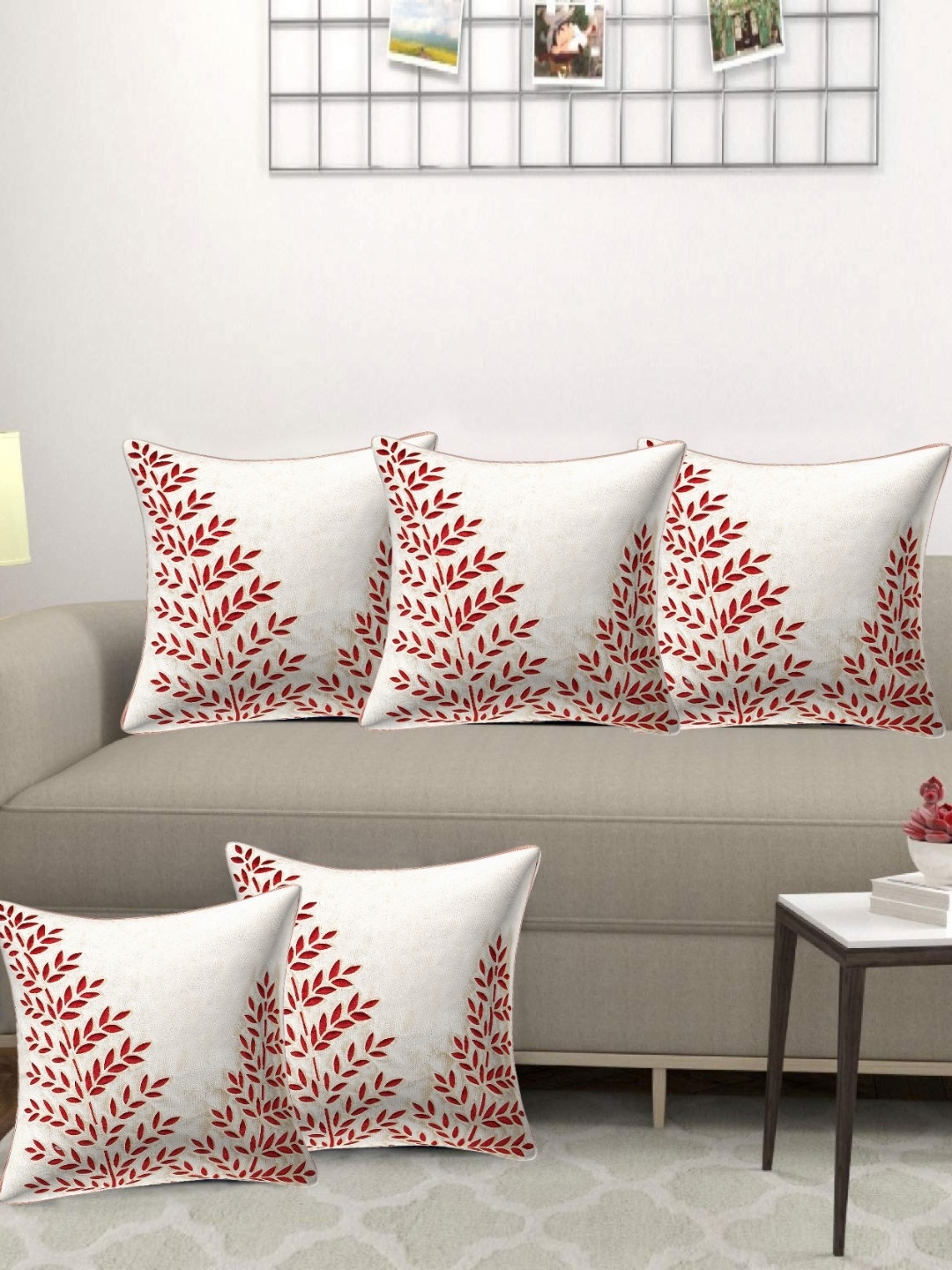 

Creeva Cream-Coloured & Red 5 Pieces Floral Square Cushion Covers