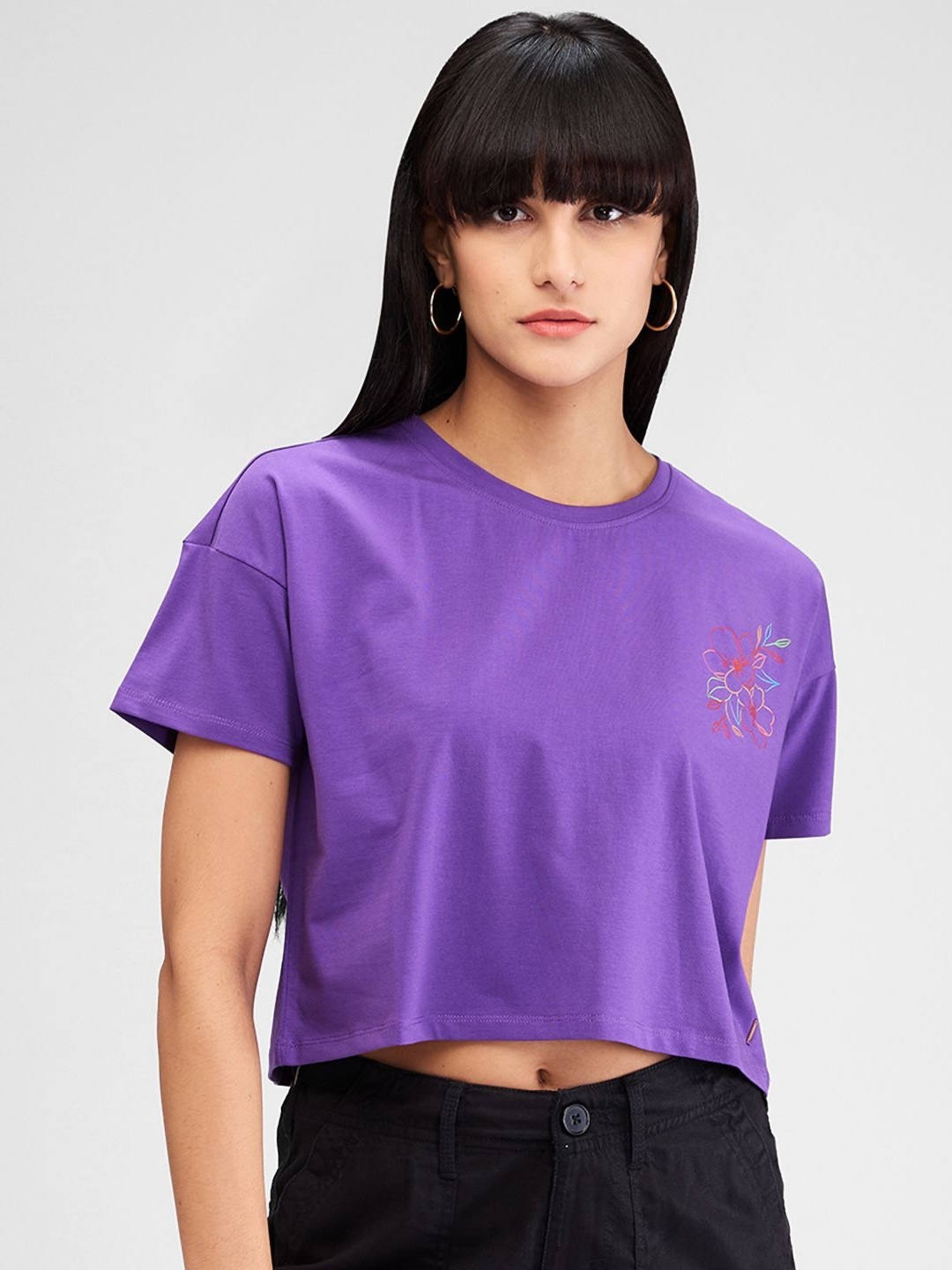 

SPYKAR Women Raw Edge Boxy T-shirt, Purple