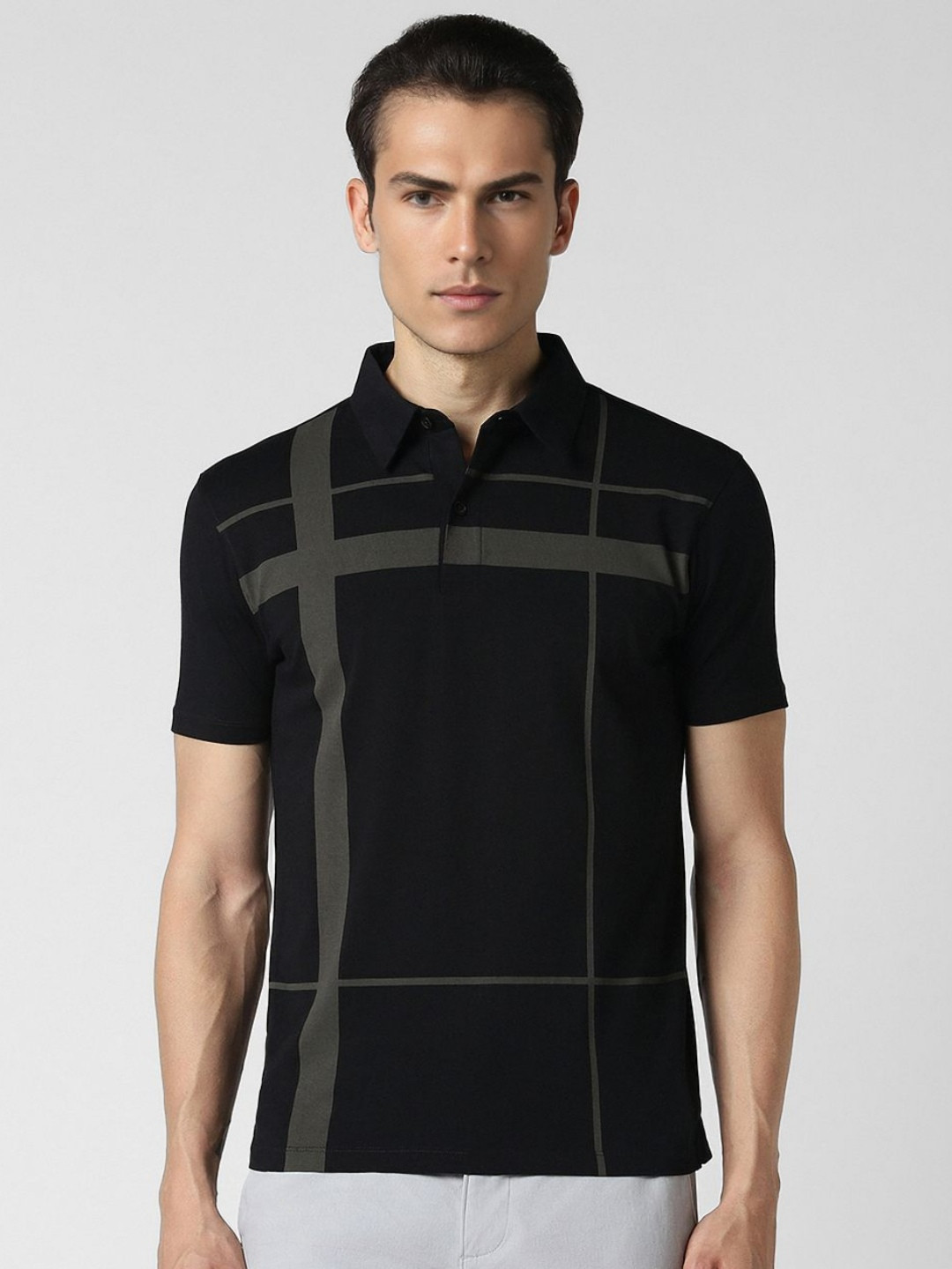 

V Dot Men Printed Polo Collar Pockets Slim Fit T-shirt, Black