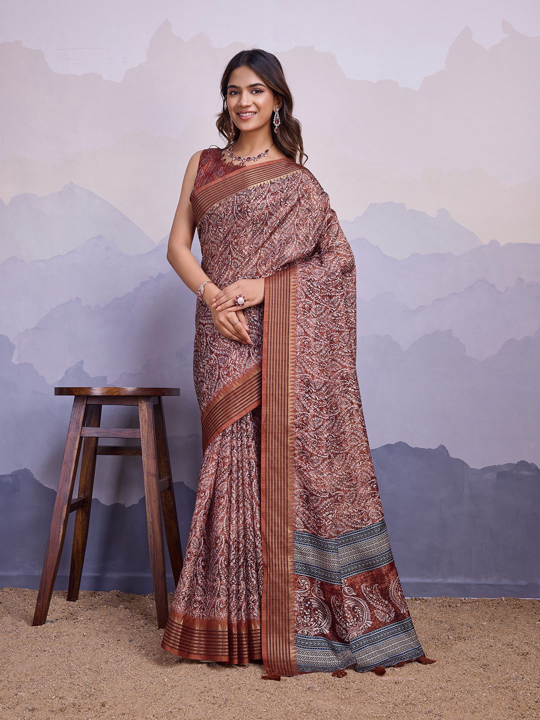 

Mitera Ajrak Block Zari Saree, Maroon