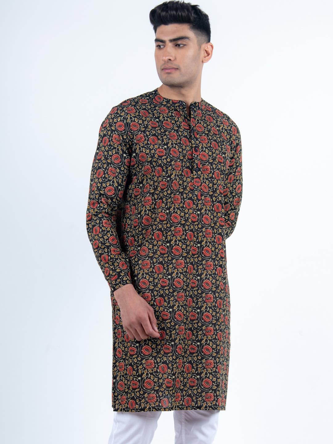 

Tistabene Floral Printed Mandarin Collar Cotton Straight Kurta, Black