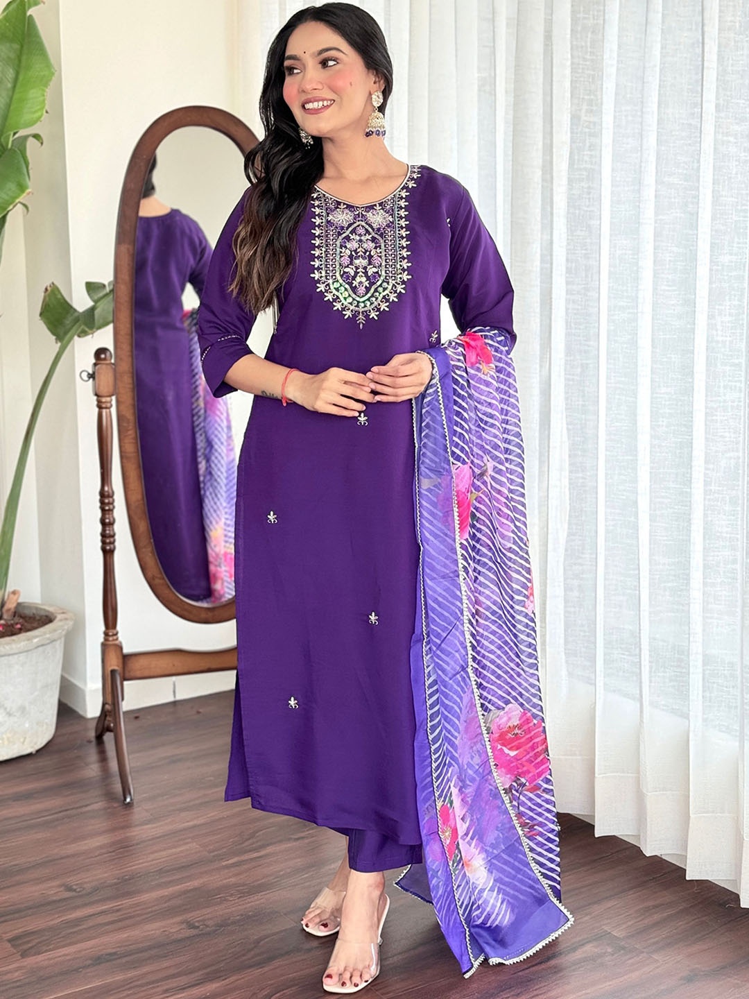 

KALINI Floral Embroidered Chanderi Silk Straight Kurta with Trousers & Dupatta, Purple