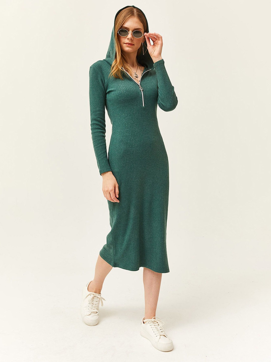 

Olalook Cotton Hooded Neck Midi Dress, Green