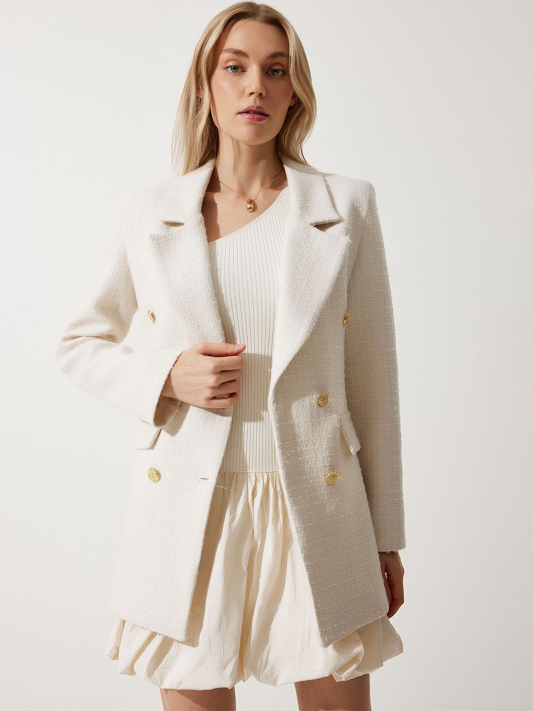 

Happiness istanbul Checked Notched Lapel Double-Breasted Blazer, Cream