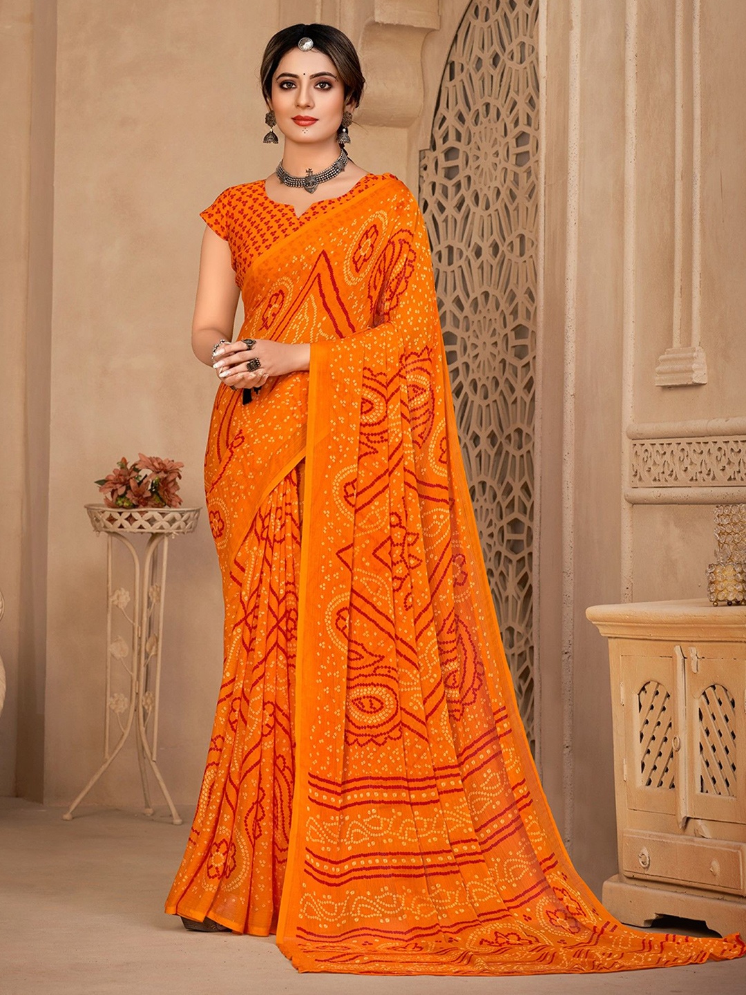

KALINI Ethnic Motifs Poly Chiffon Saree, Orange