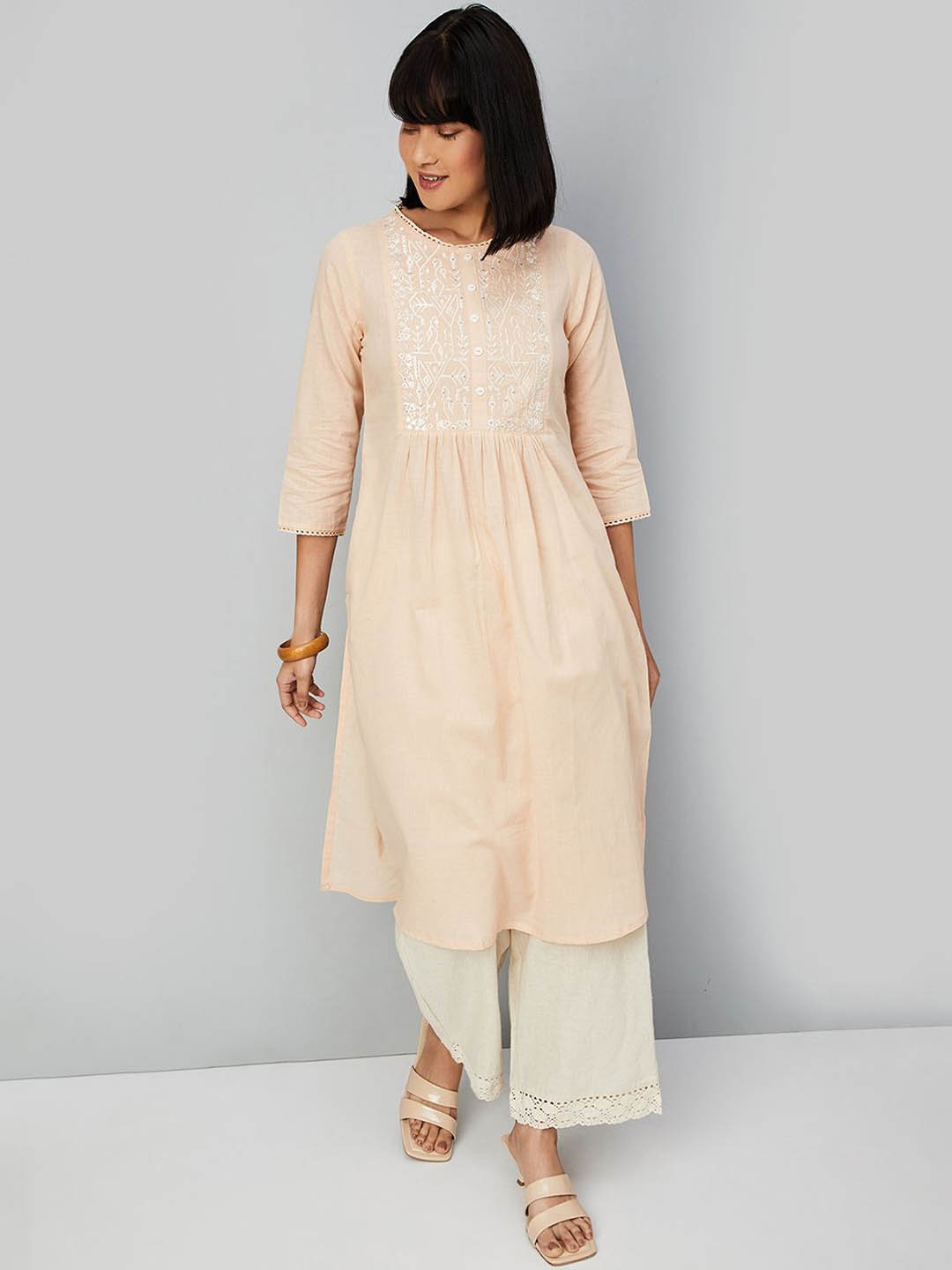 

max Floral Embroidered Sequinned Cotton Pleated Straight Kurta, Beige