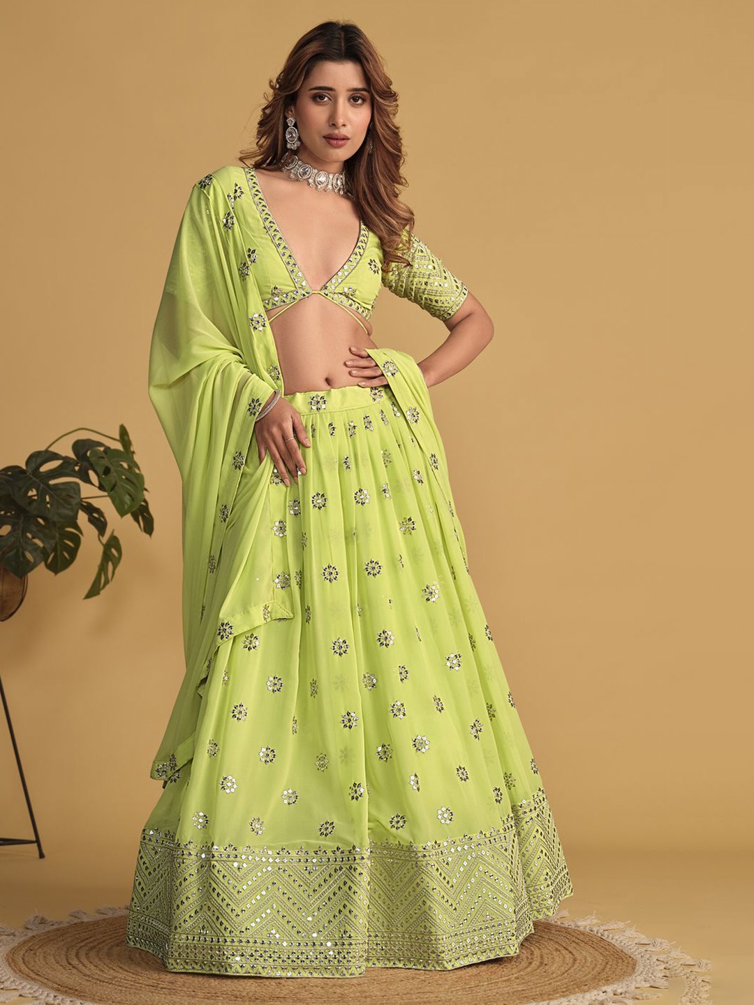 

KALINI Embroidered Semi-Stitched Georgette Lehenga & Unstitched Blouse With Dupatta, Green