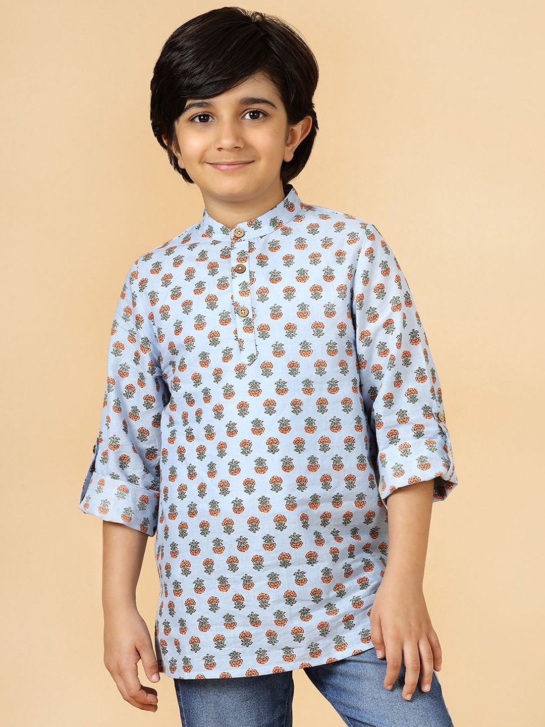 

A.T.U.N. Boys Floral Printed Band Collar Pure Cotton Straight Kurta, Blue