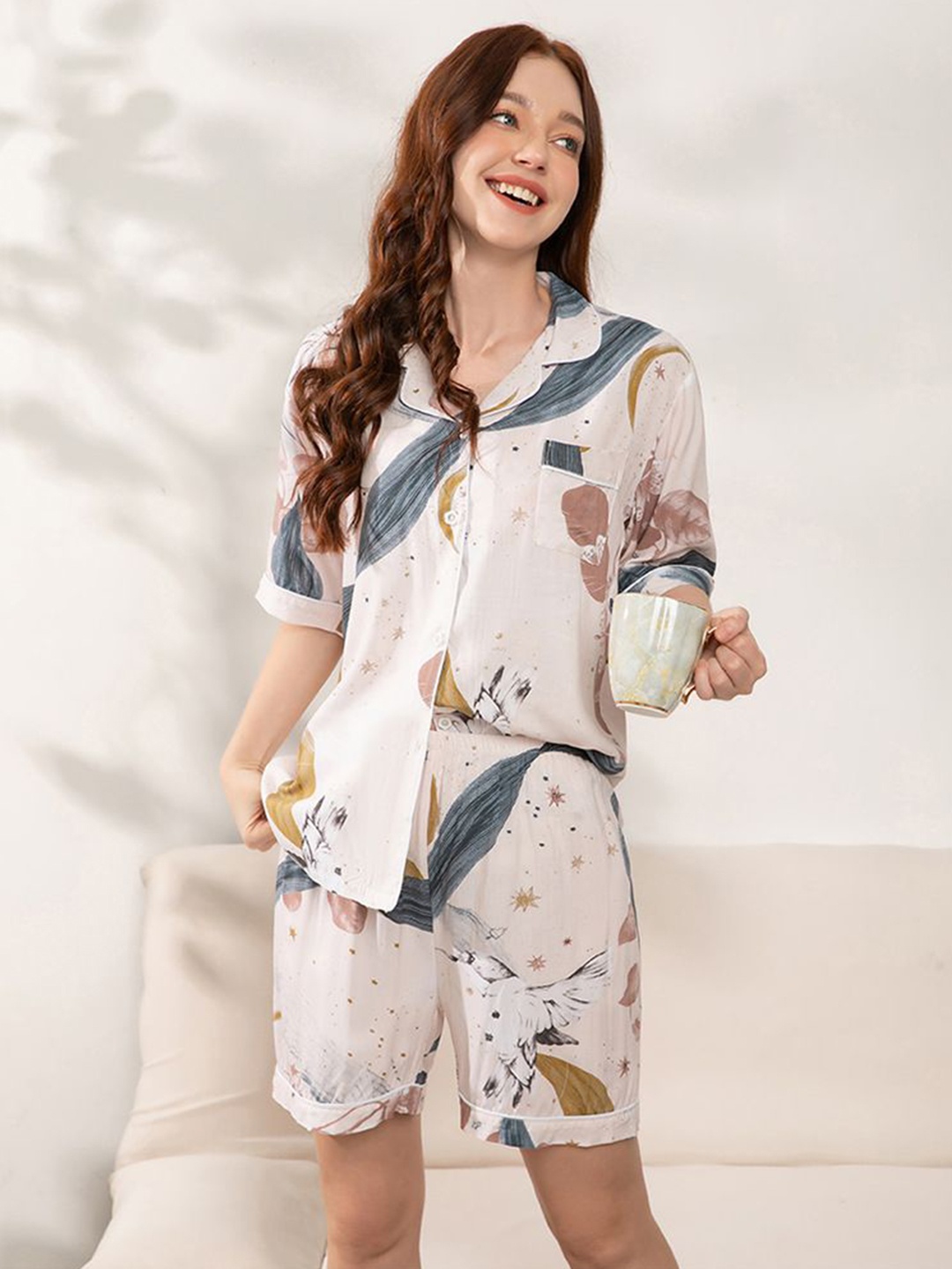 

StyleCast Floral Printed Shirt With Shorts Night Suits, White